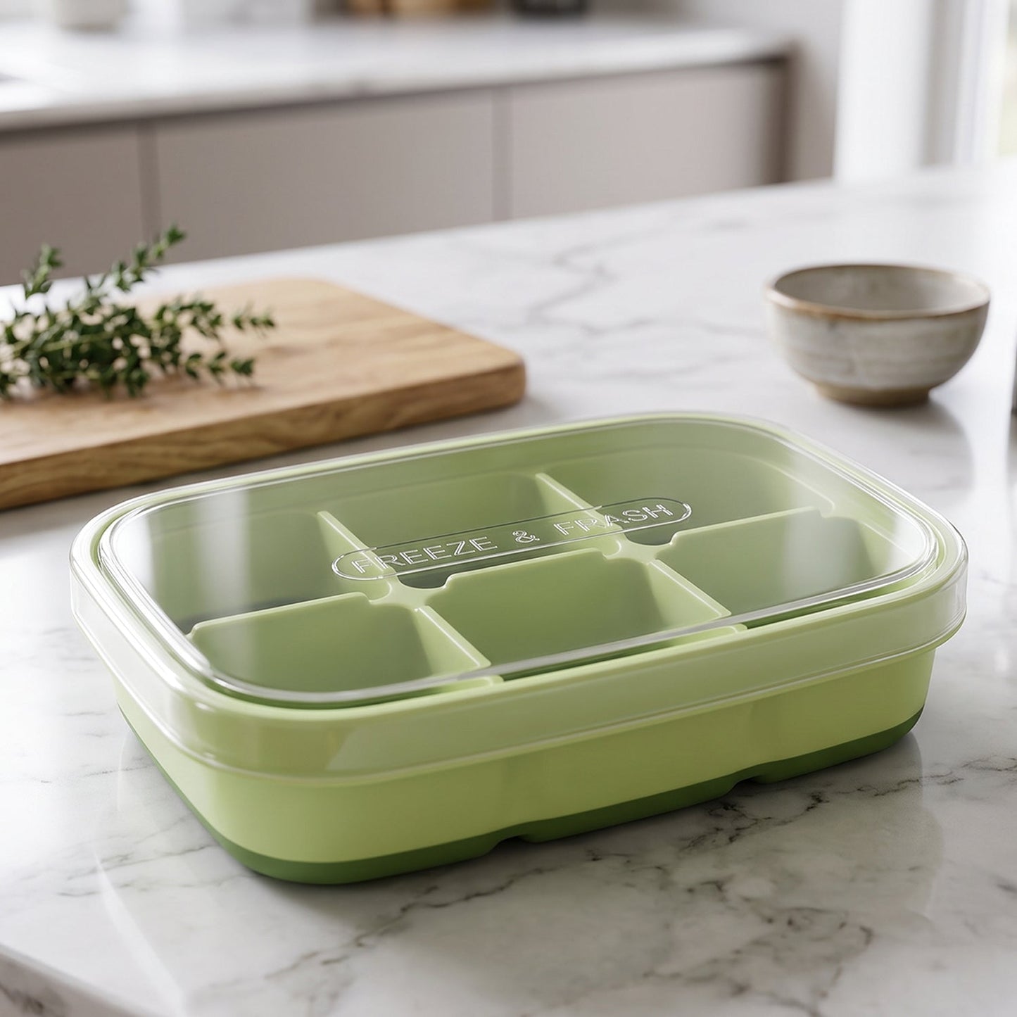 A light green 6-cavity ice cube tray with a clear lid, sitting on a white marble kitchen counter next to a wooden cutting