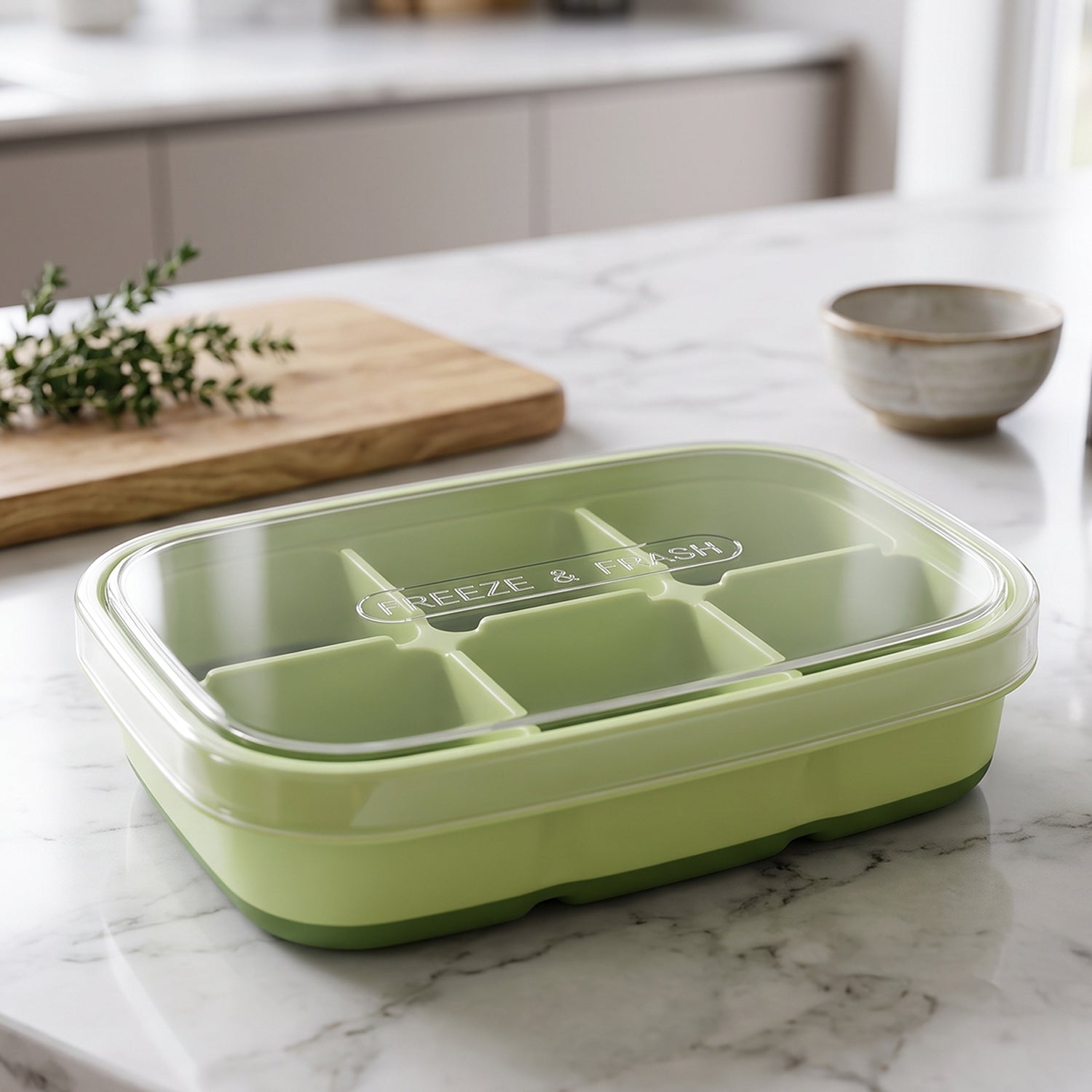 A light green 6-cavity ice cube tray with a clear lid, sitting on a white marble kitchen counter next to a wooden cutting