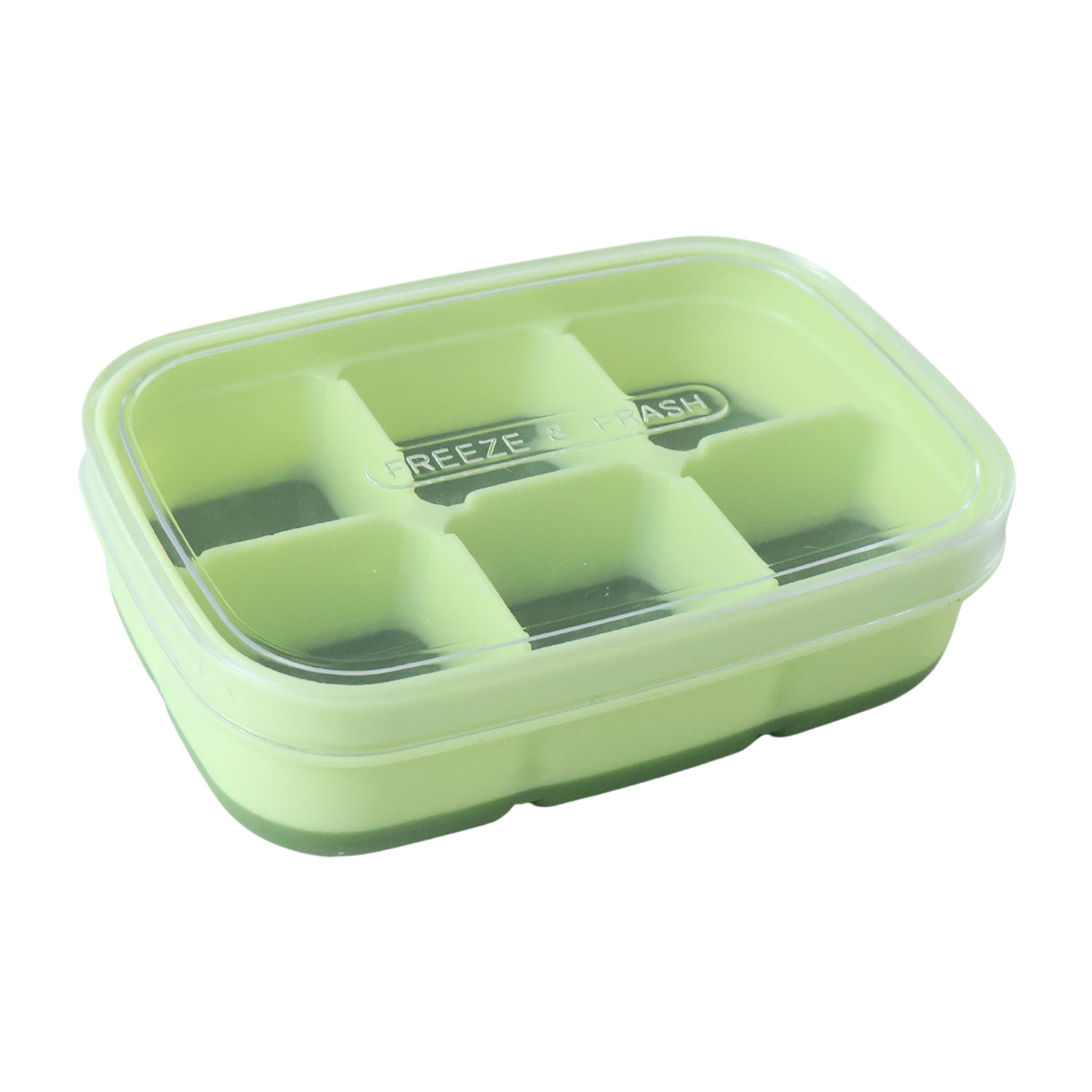 A light green 6-cavity ice cube tray with a clear lid, featuring dark green silicone bottoms, on a white background.