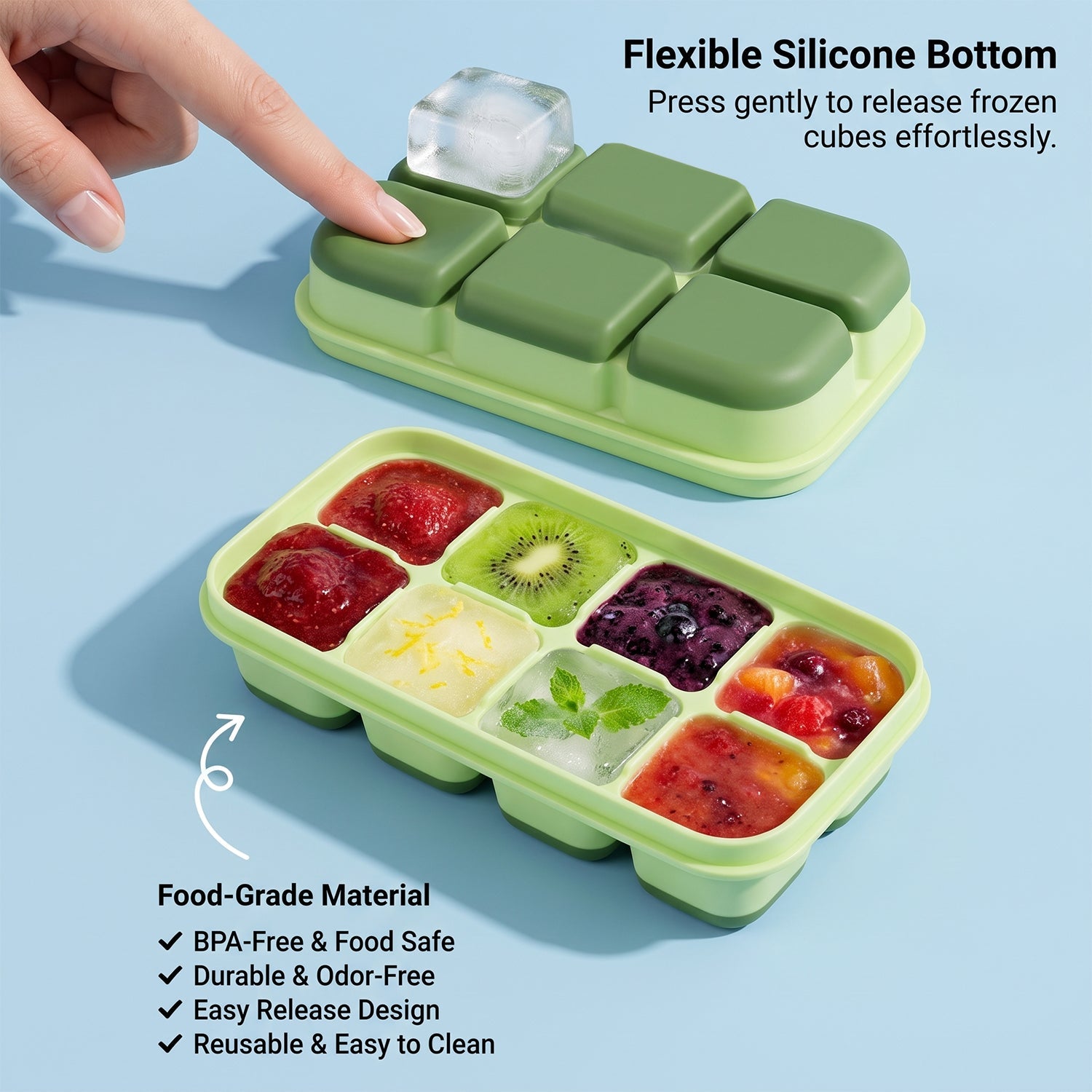 Two green 6-cavity ice cube trays, one being pressed to release an ice cube, the other filled with various fruit purees and