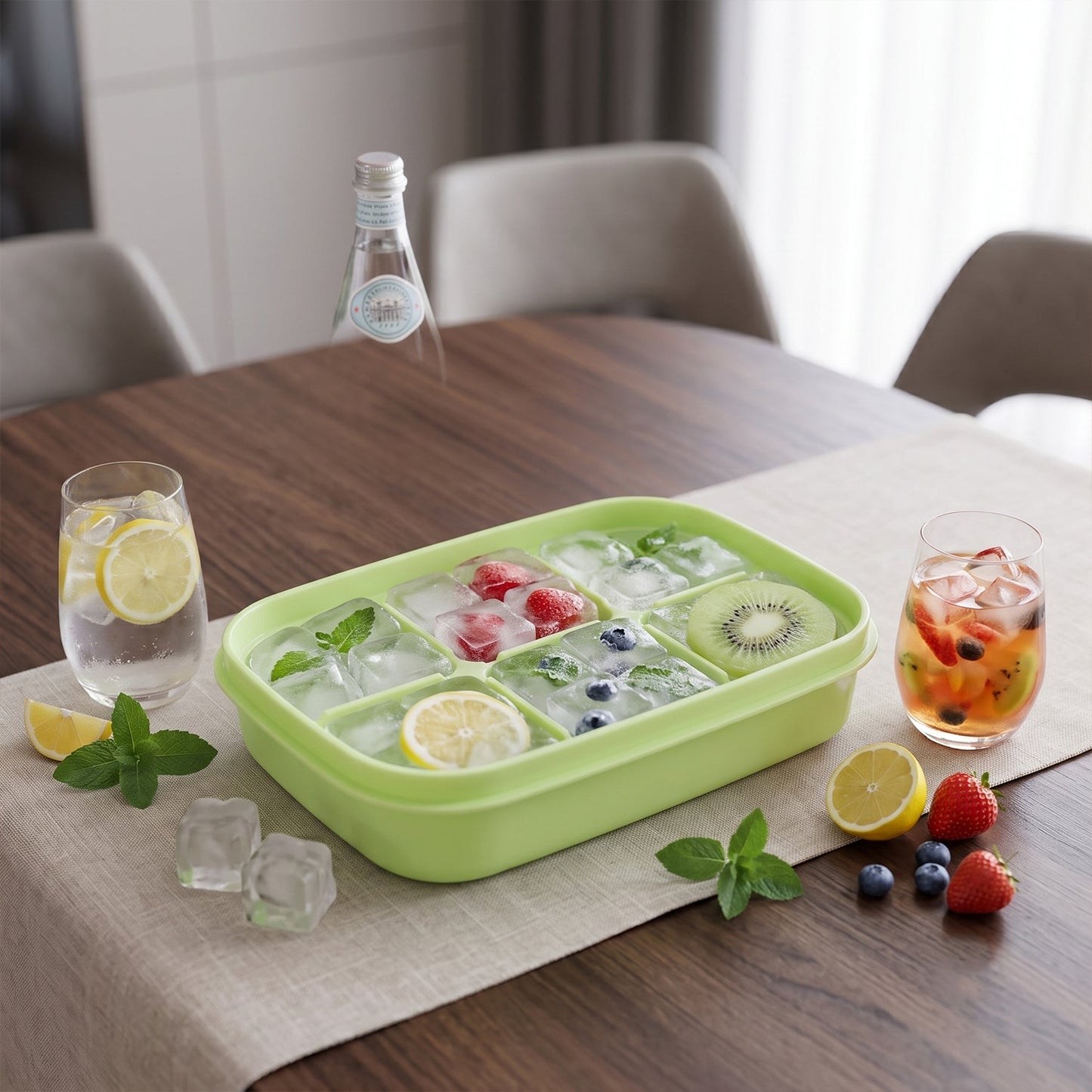 A green 6-cavity ice cube tray filled with fruit and mint-infused ice cubes, surrounded by drinks and fresh fruit on a