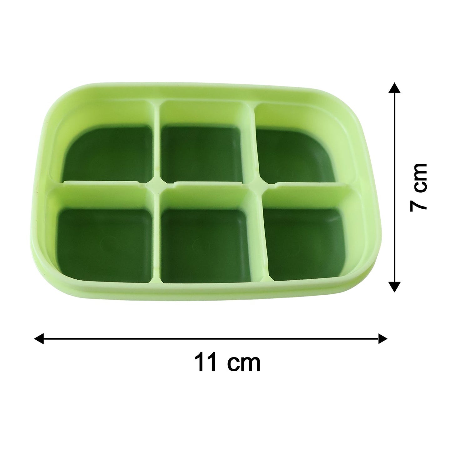 A light green 6-cavity ice cube tray with dark green silicone bottoms, showing dimensions of 11 cm length and 7 cm width.