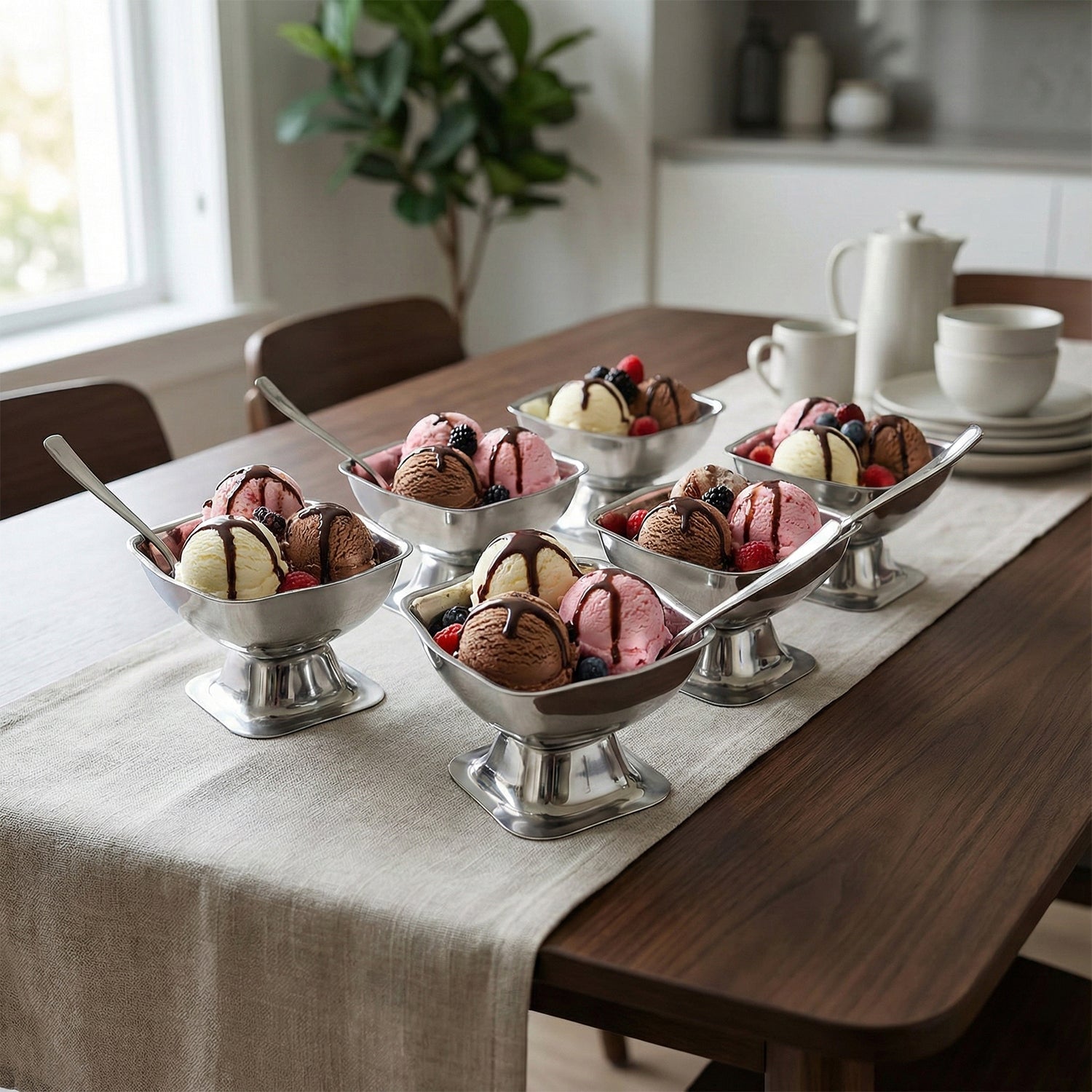 Six stainless steel ice cream cups with scoops of ice cream and berries on a long wooden dining table.