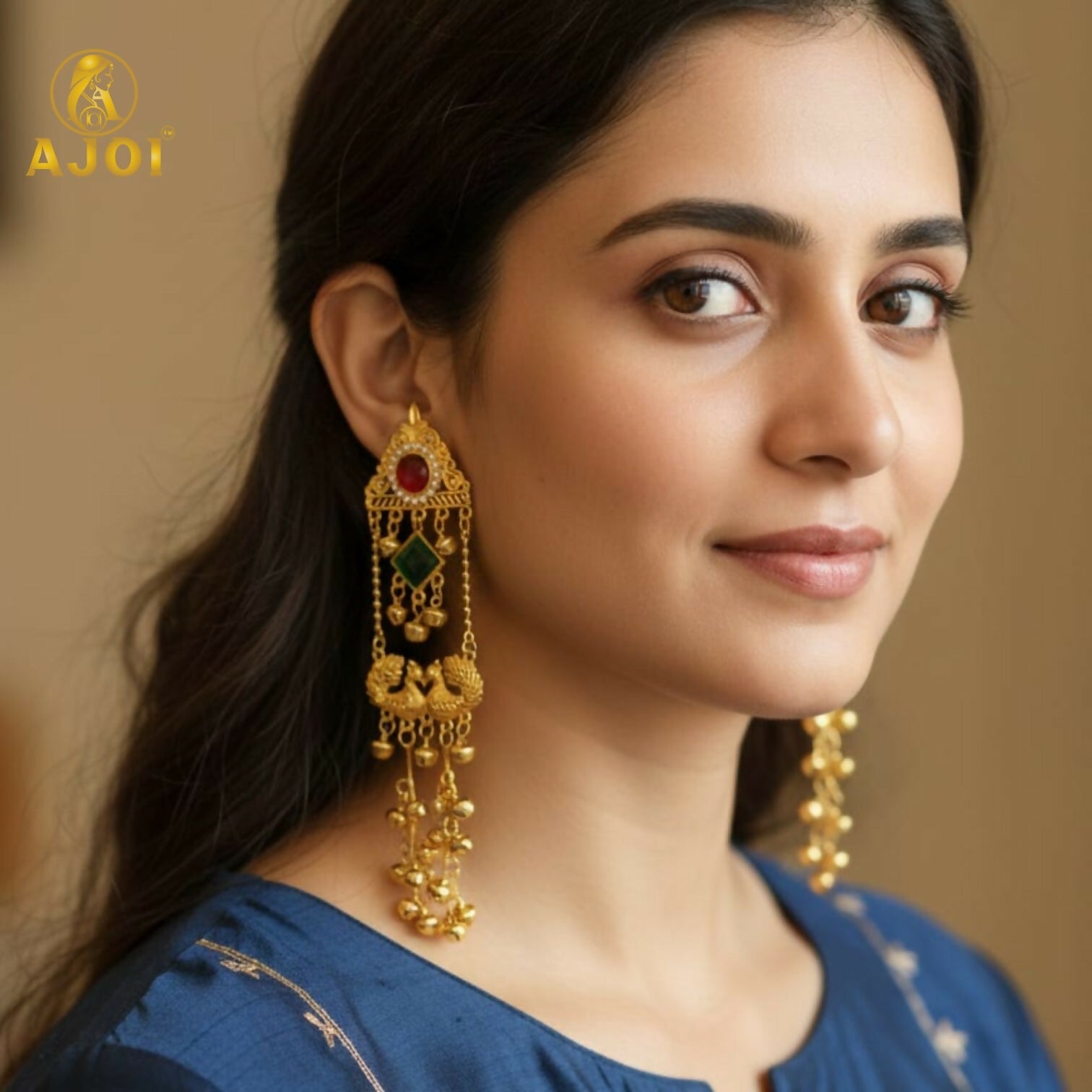 Royal Kashmiri Peacock Jhumka Earrings with Red & Green Stone