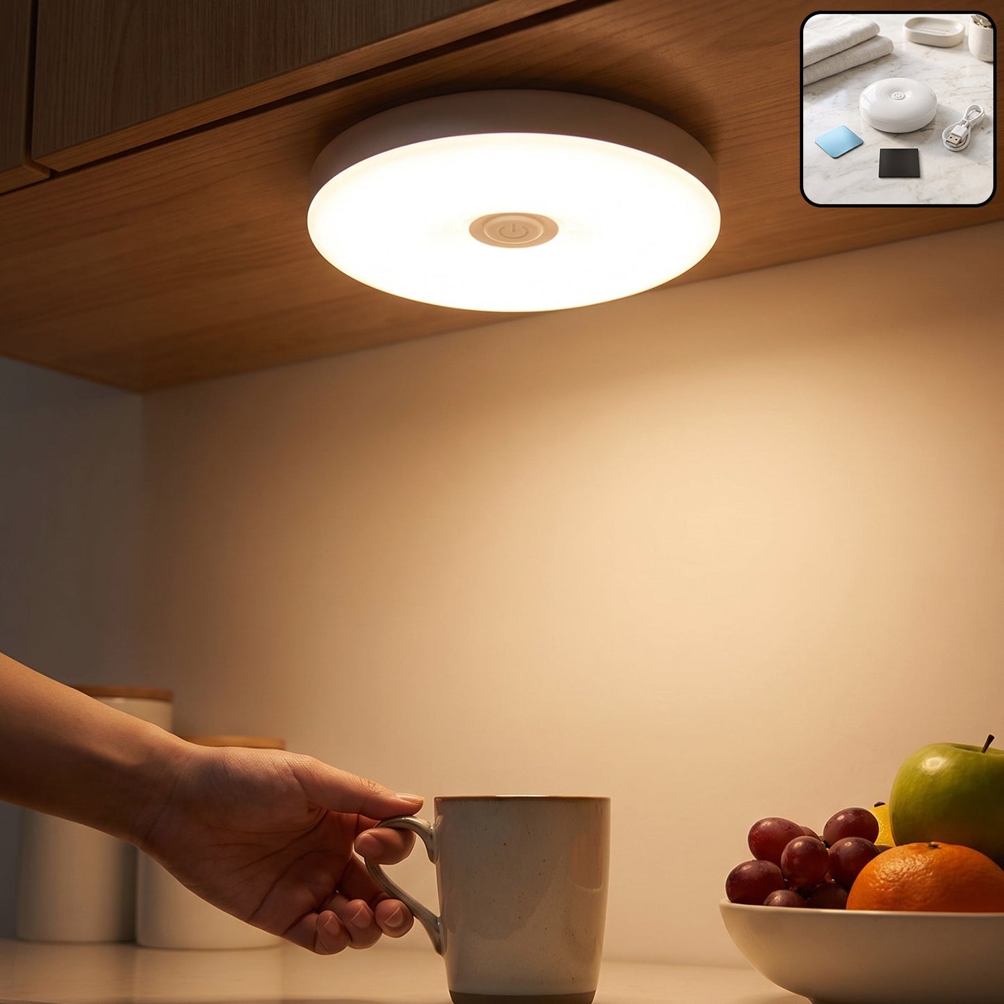 A hand reaches for a mug under a bright, round LED light mounted beneath a wooden cabinet, illuminating a fruit bowl.