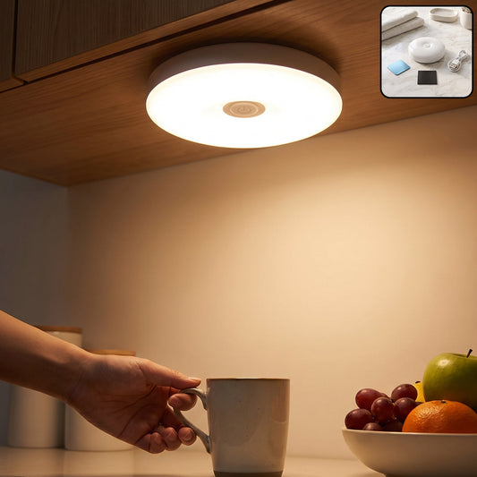 A hand reaches for a mug under a bright, round LED light mounted beneath a wooden cabinet, illuminating a fruit bowl.