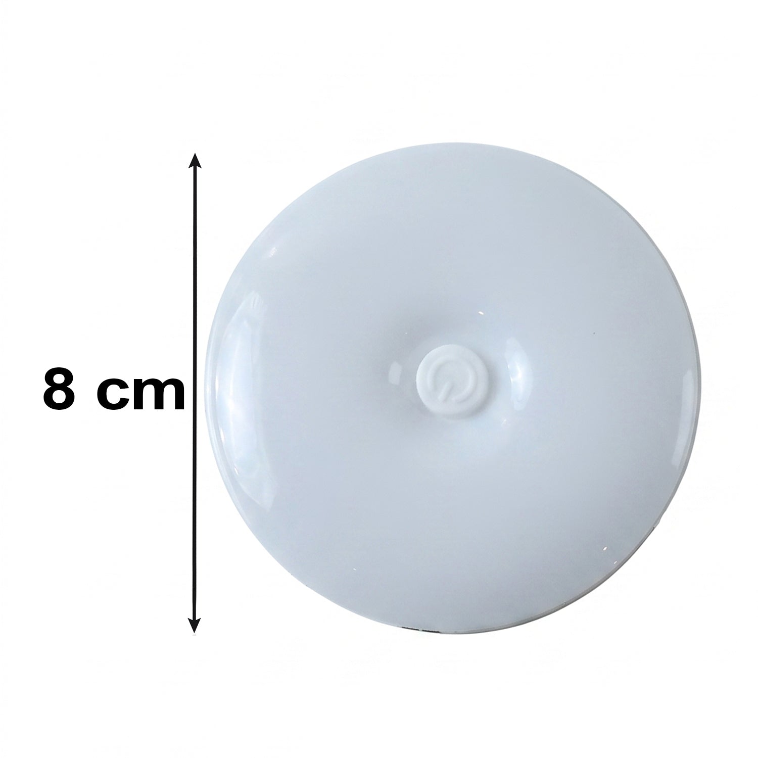 A white, round LED light with a central power button, showing a measurement of 8 cm in diameter