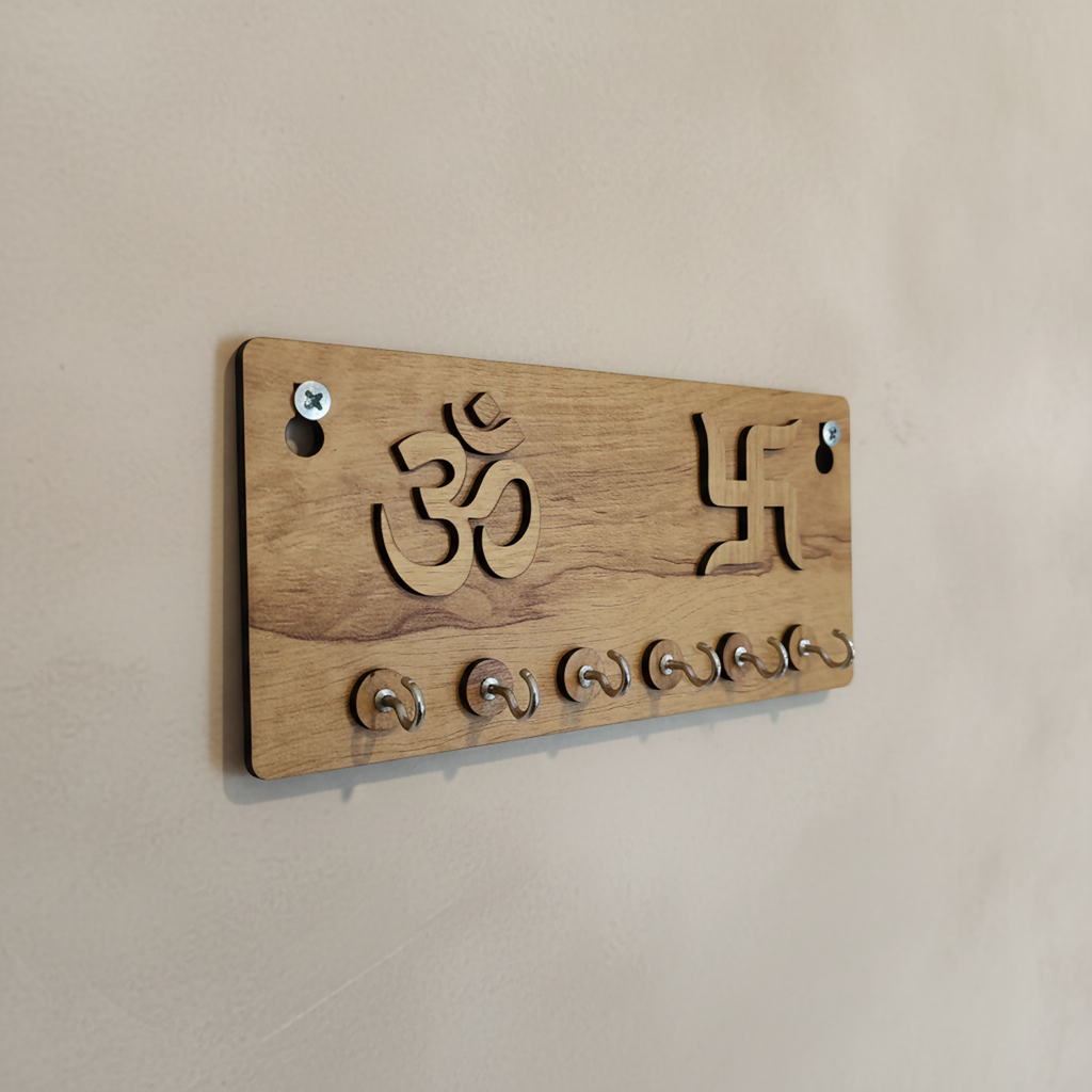 Embossed Om & Swastik Wooden Key Holder for Wall – Premium MDF Wall Key Organizer | Auspicious Home Décor