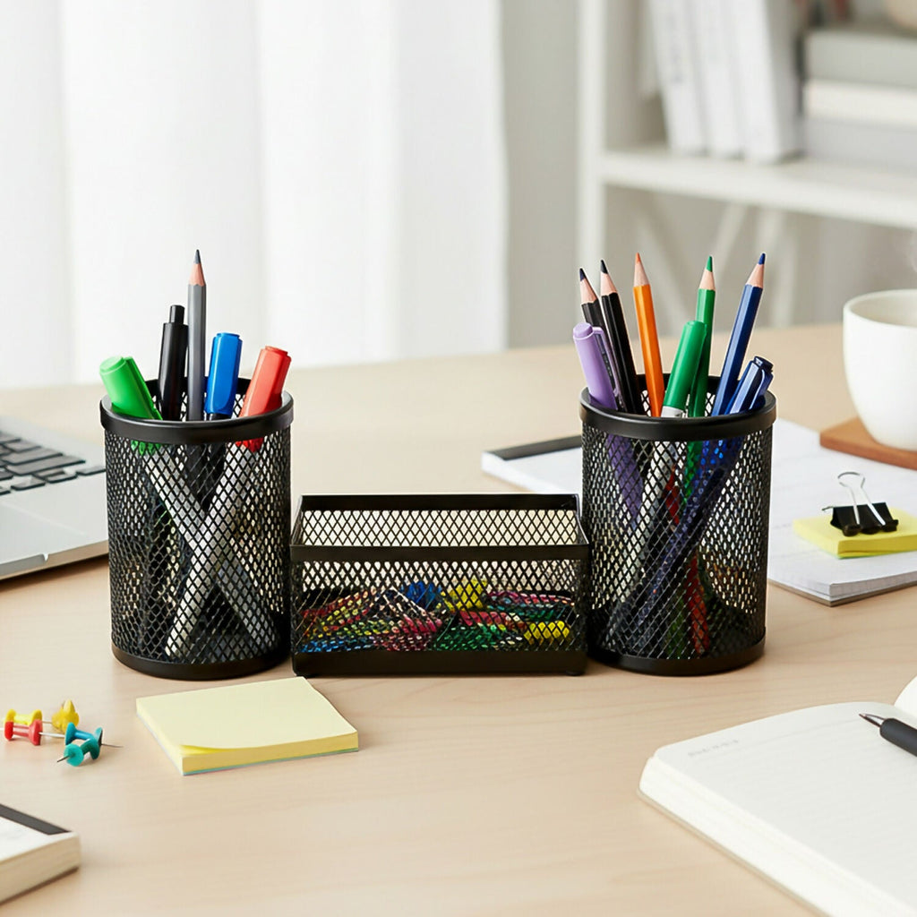 Dual Desk Mesh Pen Stand with Two Pencil Holders and Central Storage Tray for Office