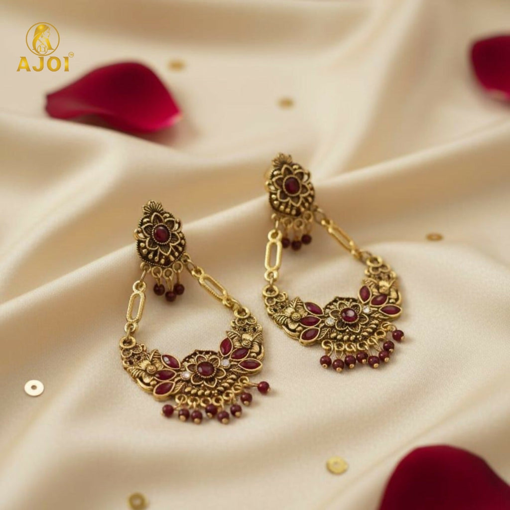 Vintage Maroon Floral Chandbali Earrings