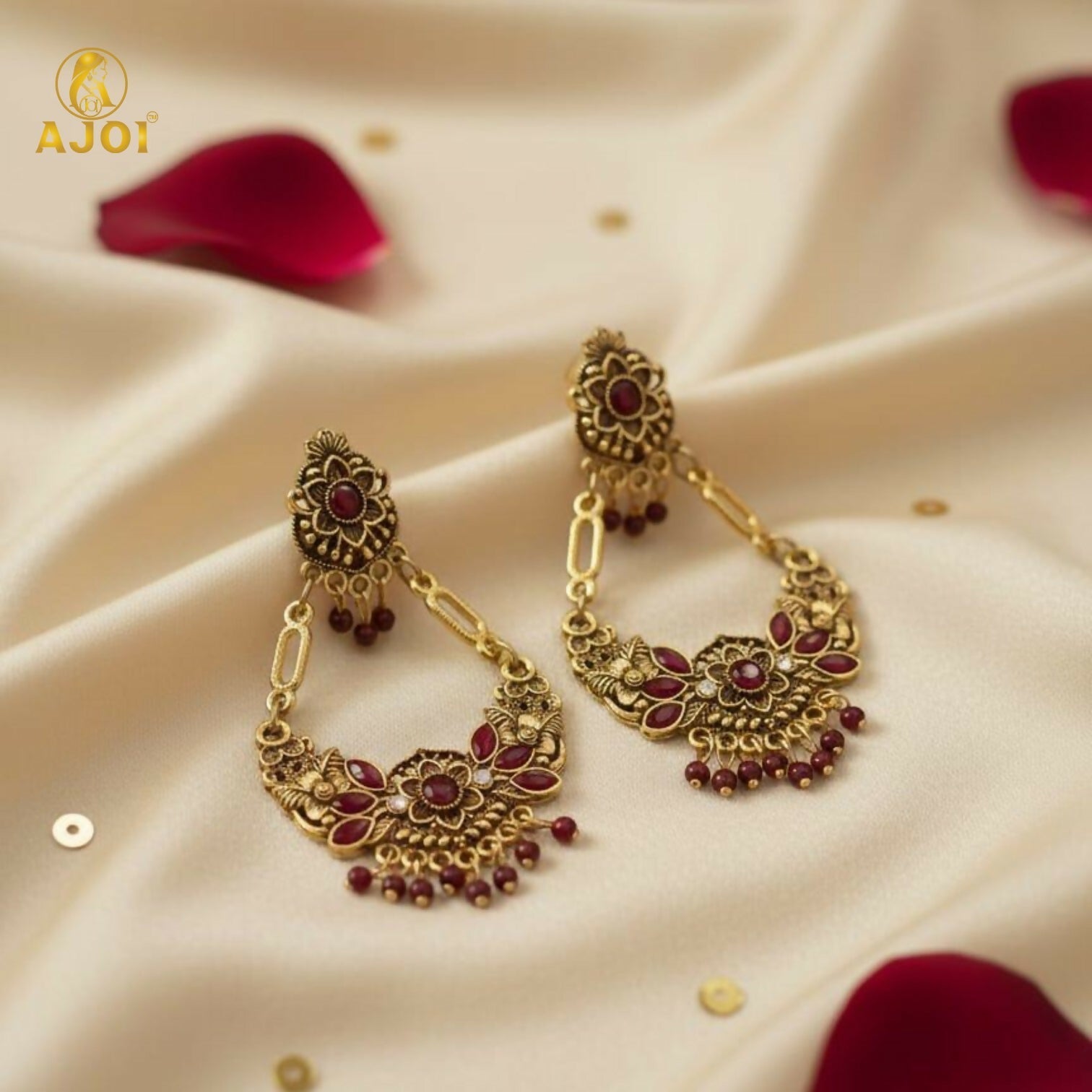 Vintage Maroon Floral Chandbali Earrings