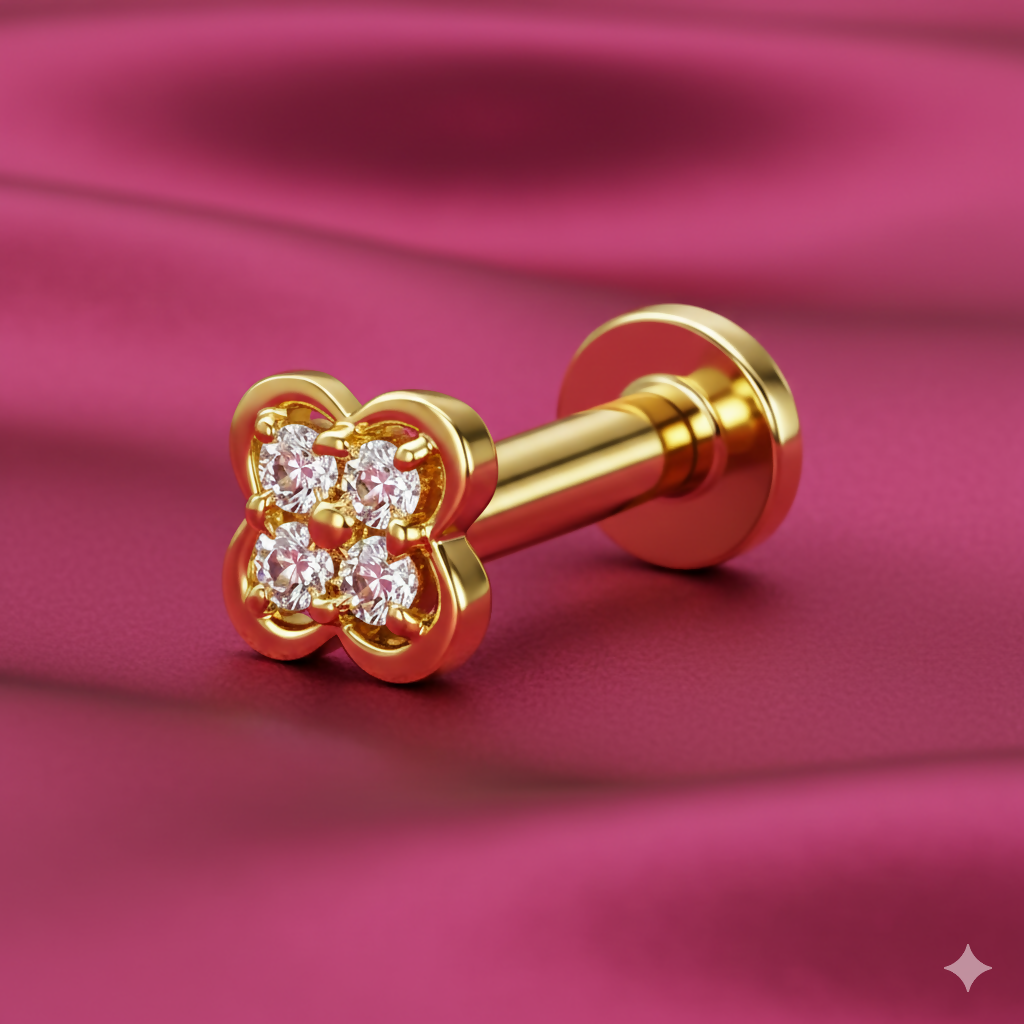 Gold plated Clover Flat-Back AD Nosepin Stud Piercing for women and girls
