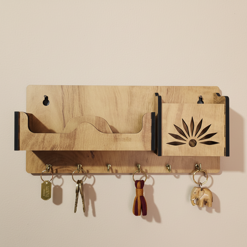 Wooden Wall Mounted Key Holder with Shelf for Mobile, Glasses and Keys