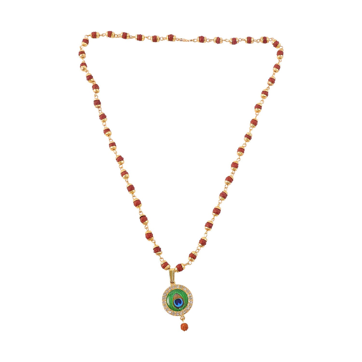 Morpich Feather Gold Plated Pendant & Rudraksha Mala