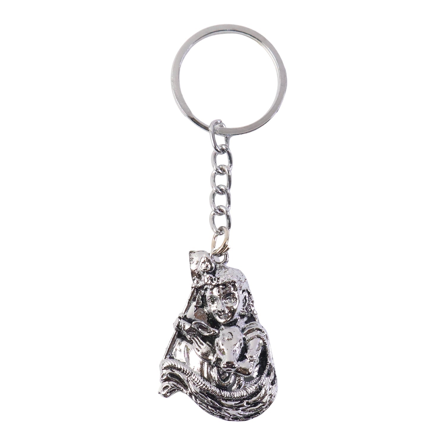 Front view of silver finish Bal Krishna metal keychain highlighting ornate details