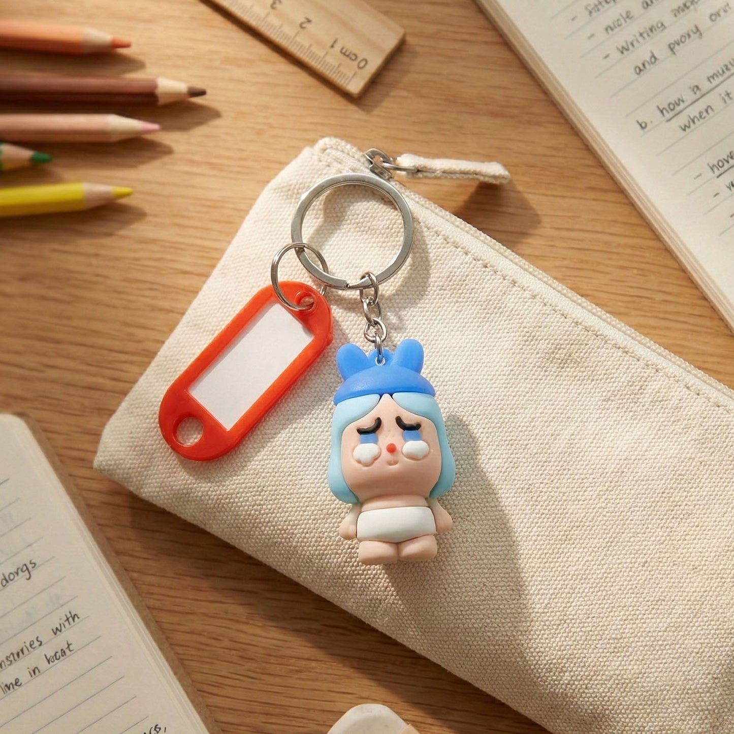 Cute figure keychain featuring a baby cartoon with a label for identification.