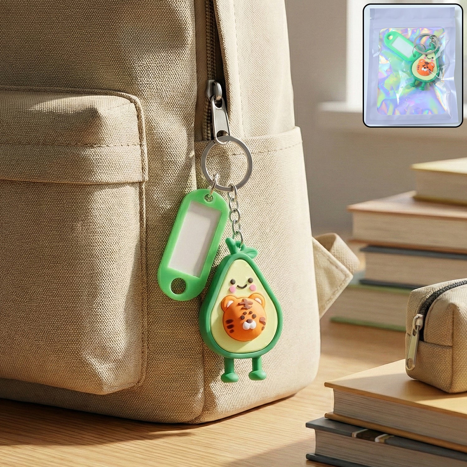 Cartoon character decorative keychain with attached ID name tag and metal ring