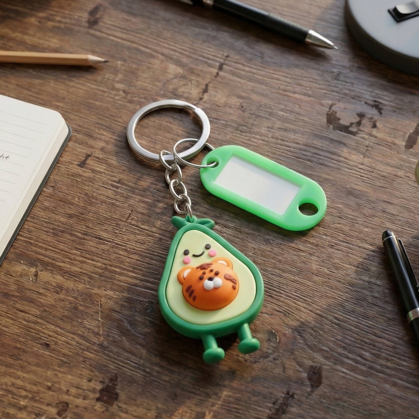 Backpack with attached cartoon character decorative keychain and ID name label