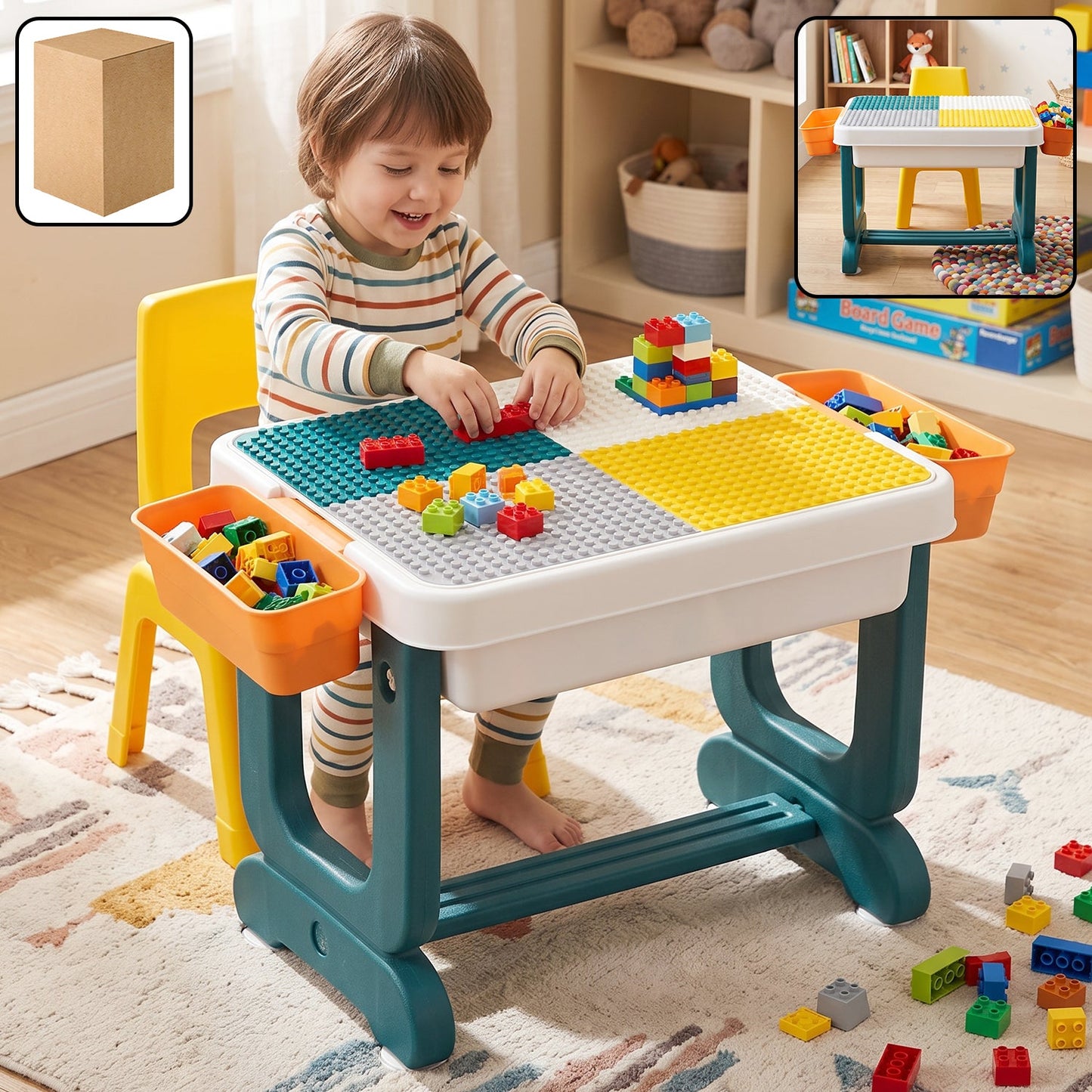 A young boy in striped pajamas plays with colorful building blocks at a teal and white activity table with storage bins.