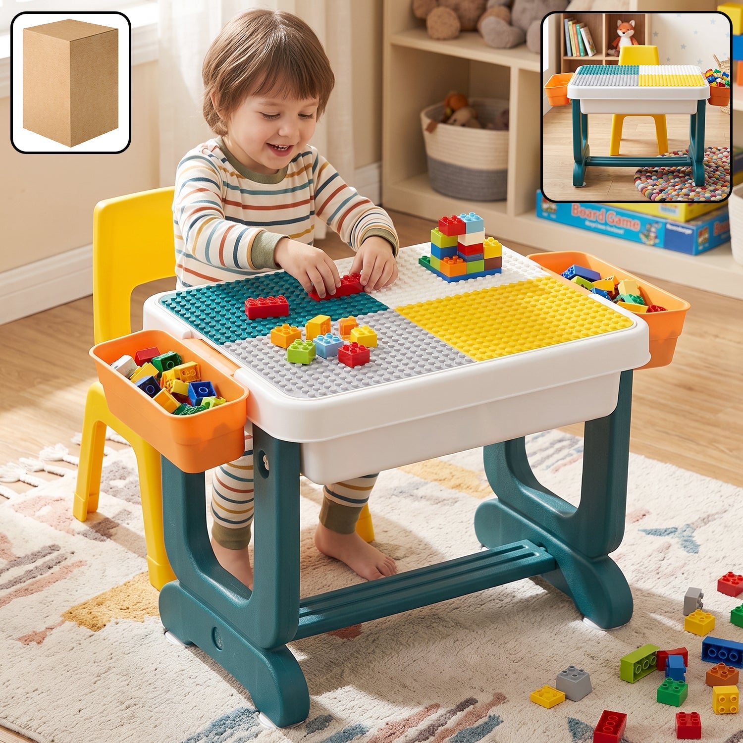 A young boy in striped pajamas plays with colorful building blocks at a teal and white activity table with storage bins.
