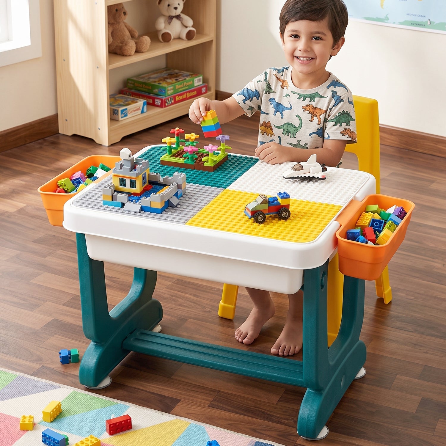 A young boy builds with colorful blocks on a teal and white activity table, smiling at the camera.