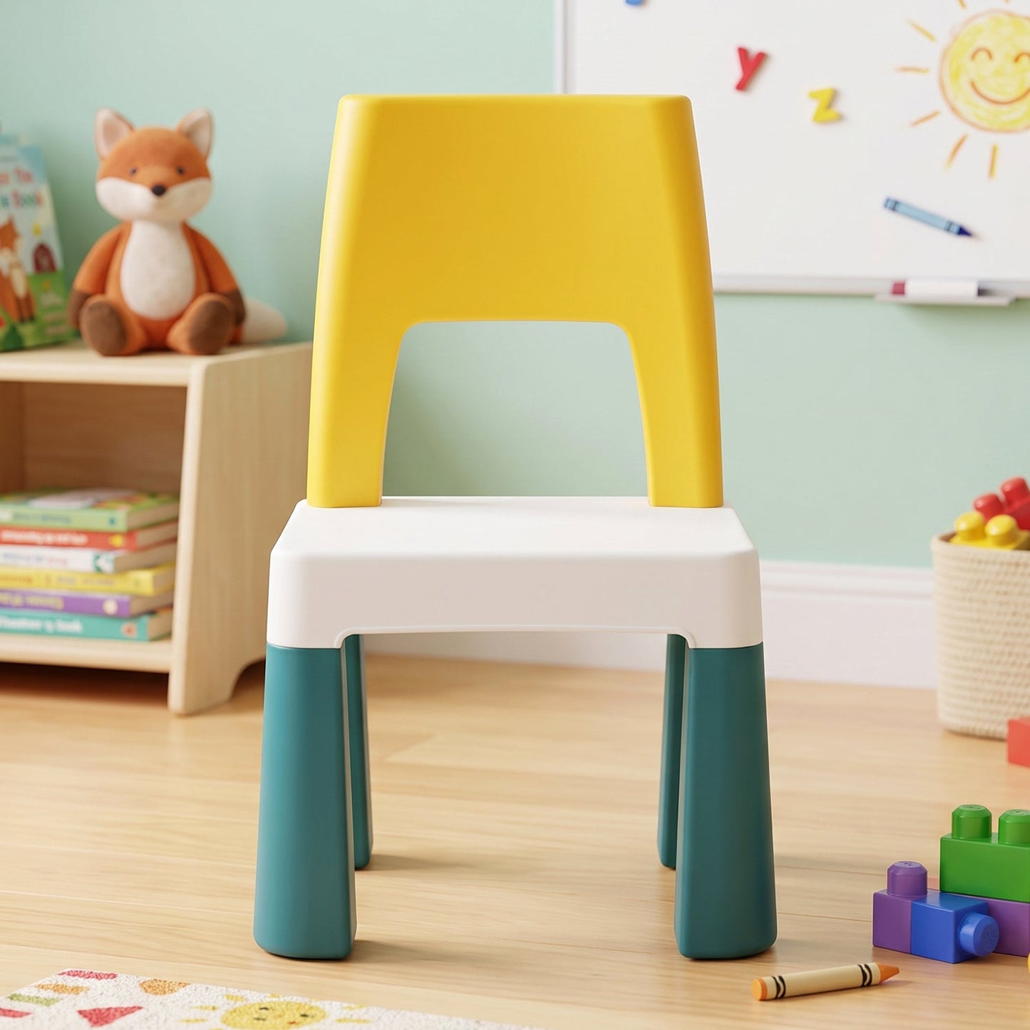 A yellow and white plastic chair with teal legs sits on a wooden floor in a child's room.