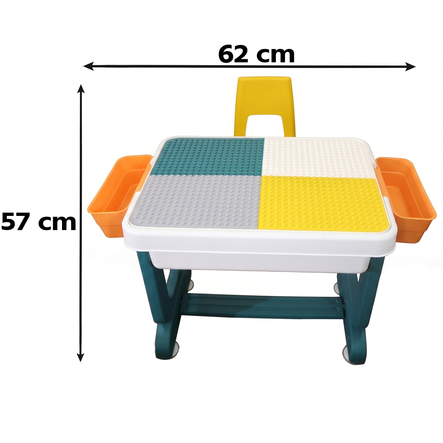 A teal and white activity table with a four-color building block surface and two orange storage bins, with dimensions of 62