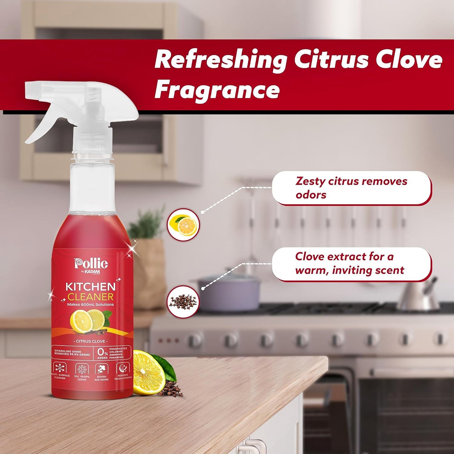 Spray bottle filled with kitchen surface cleaner and refill sachets