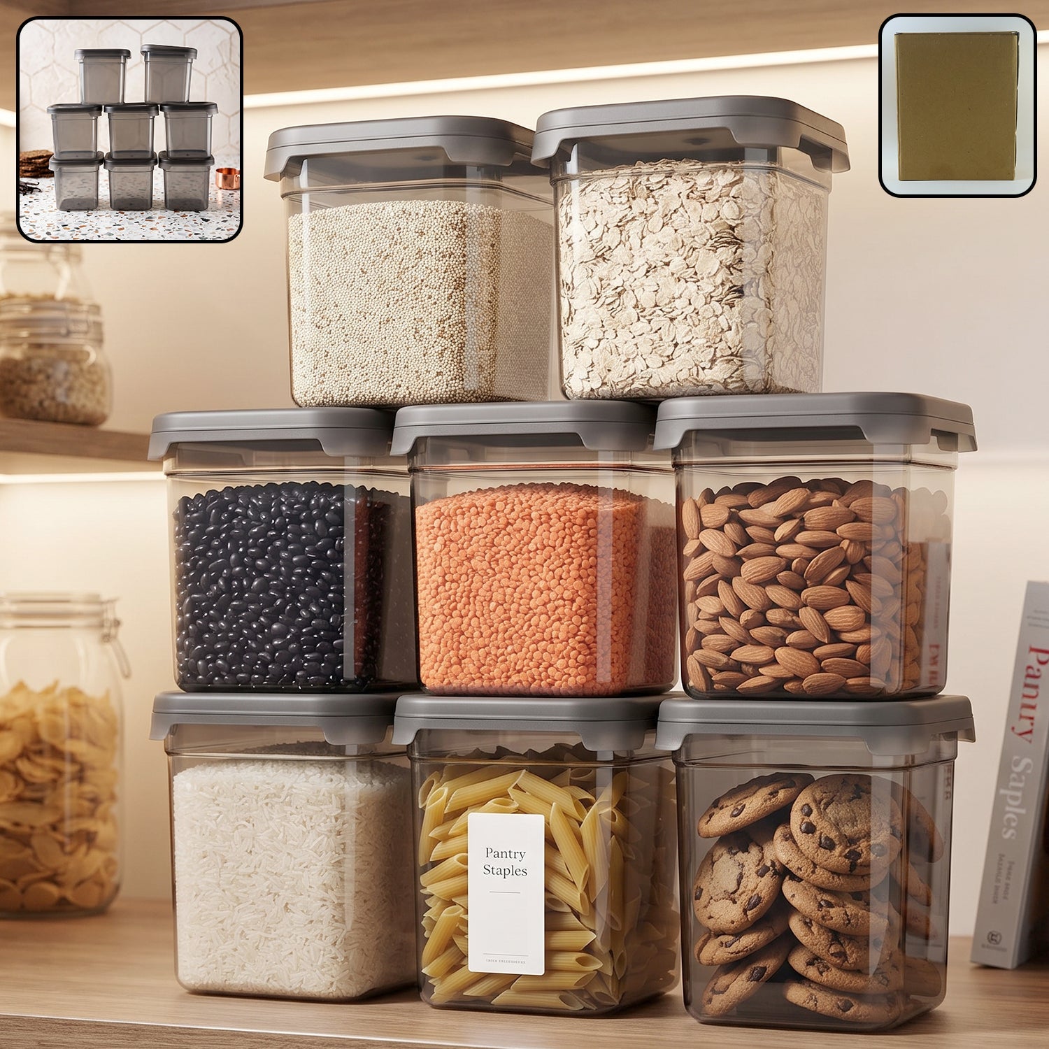 Plastic food storage container set, 700ml airtight pantry jars (8 pc set)