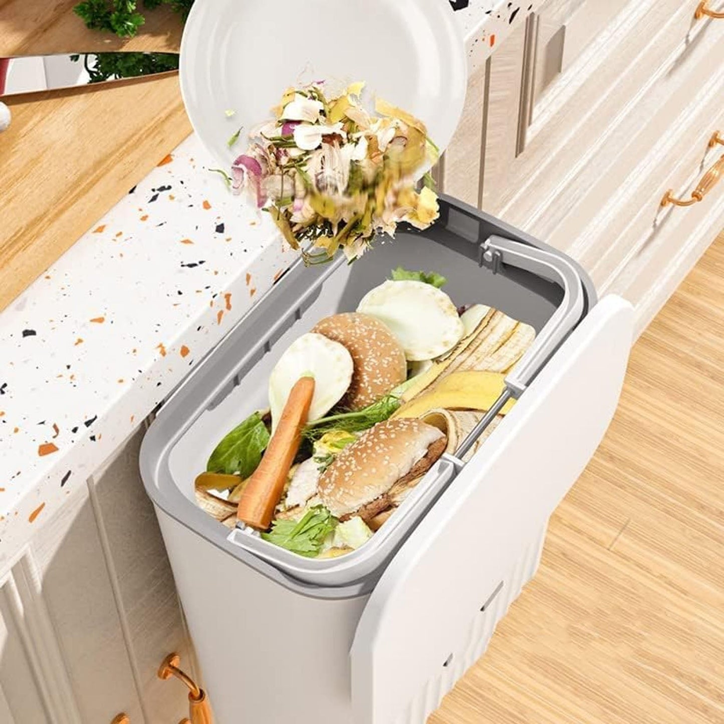 Side view of space-saving kitchen dustbin with lid