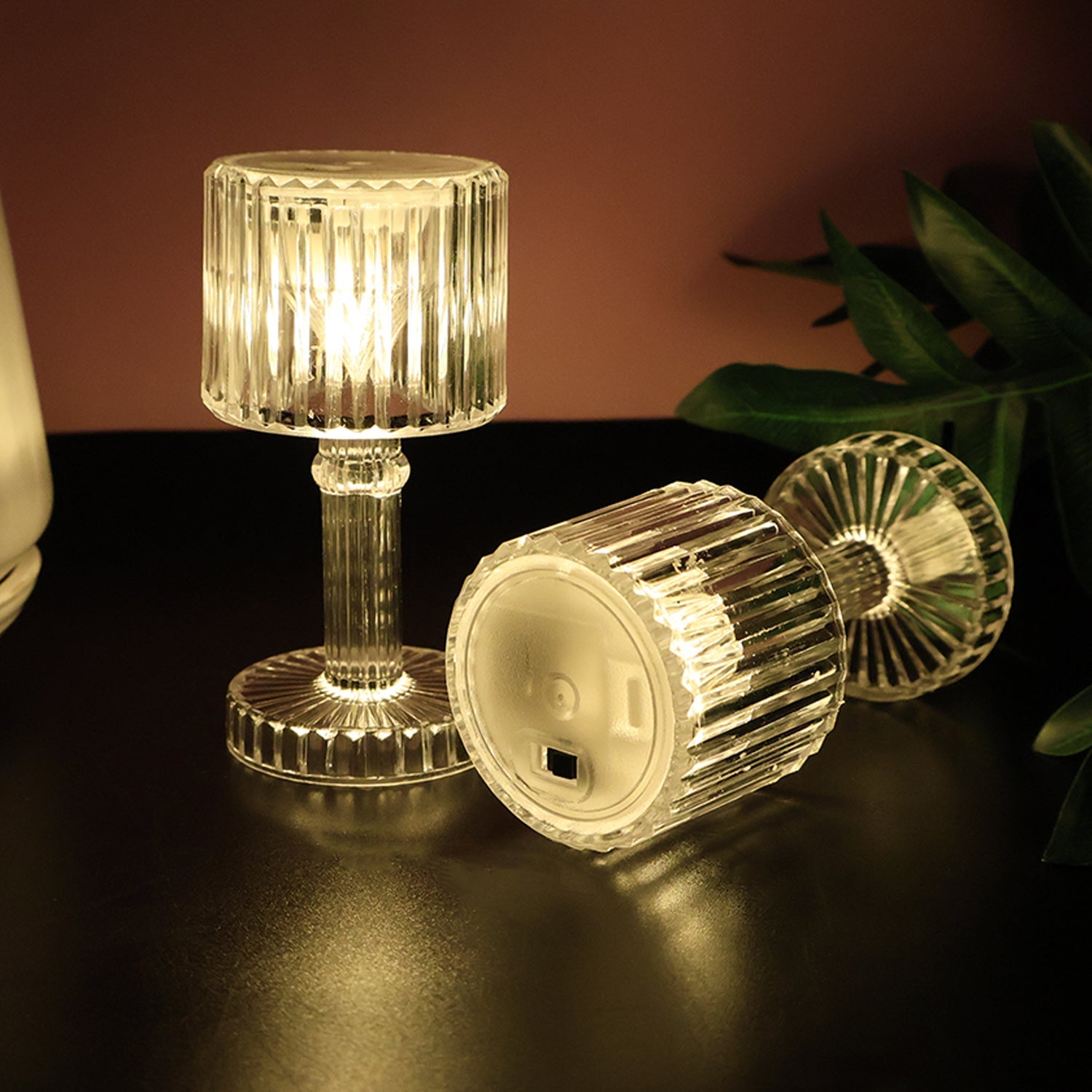 6-piece set of LED crystal effect table lamps emitting warm light
