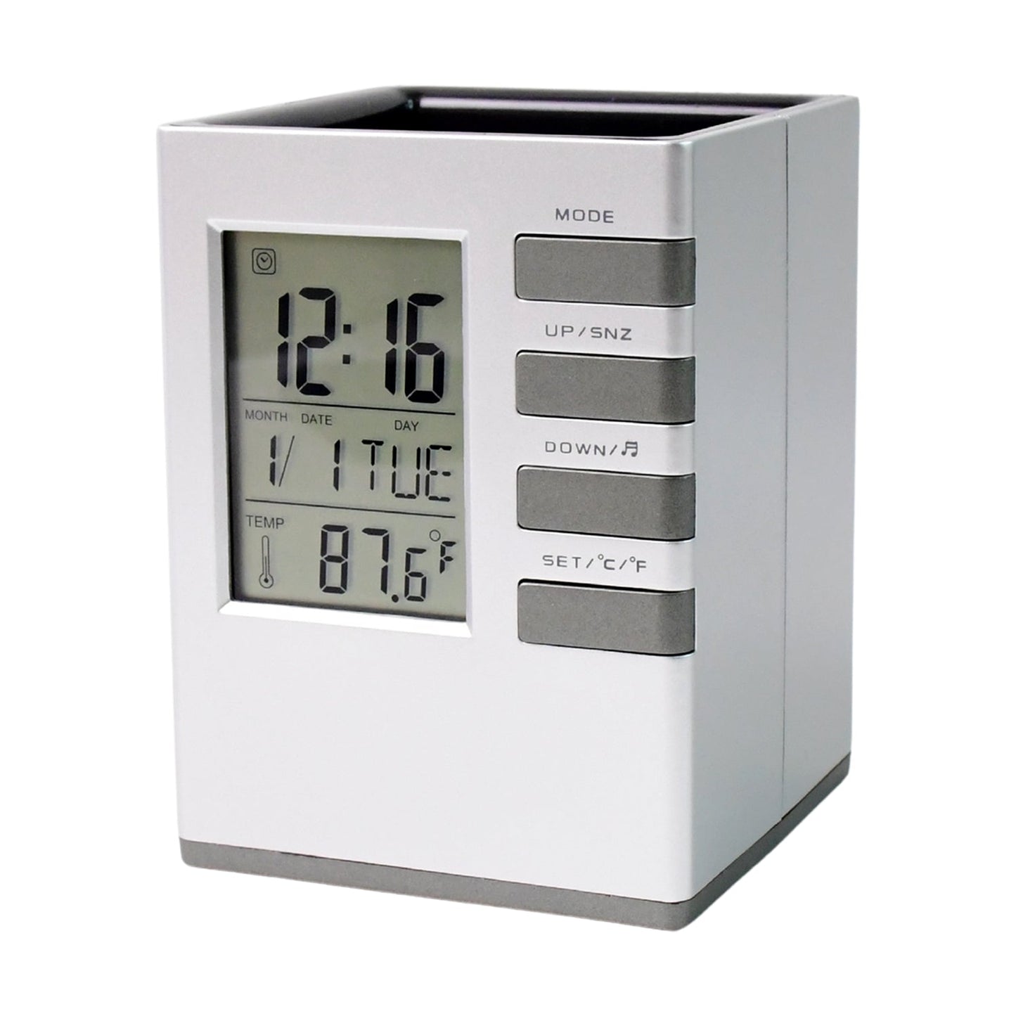 LCD display of digital desk clock showing time, date, and temperature clearly