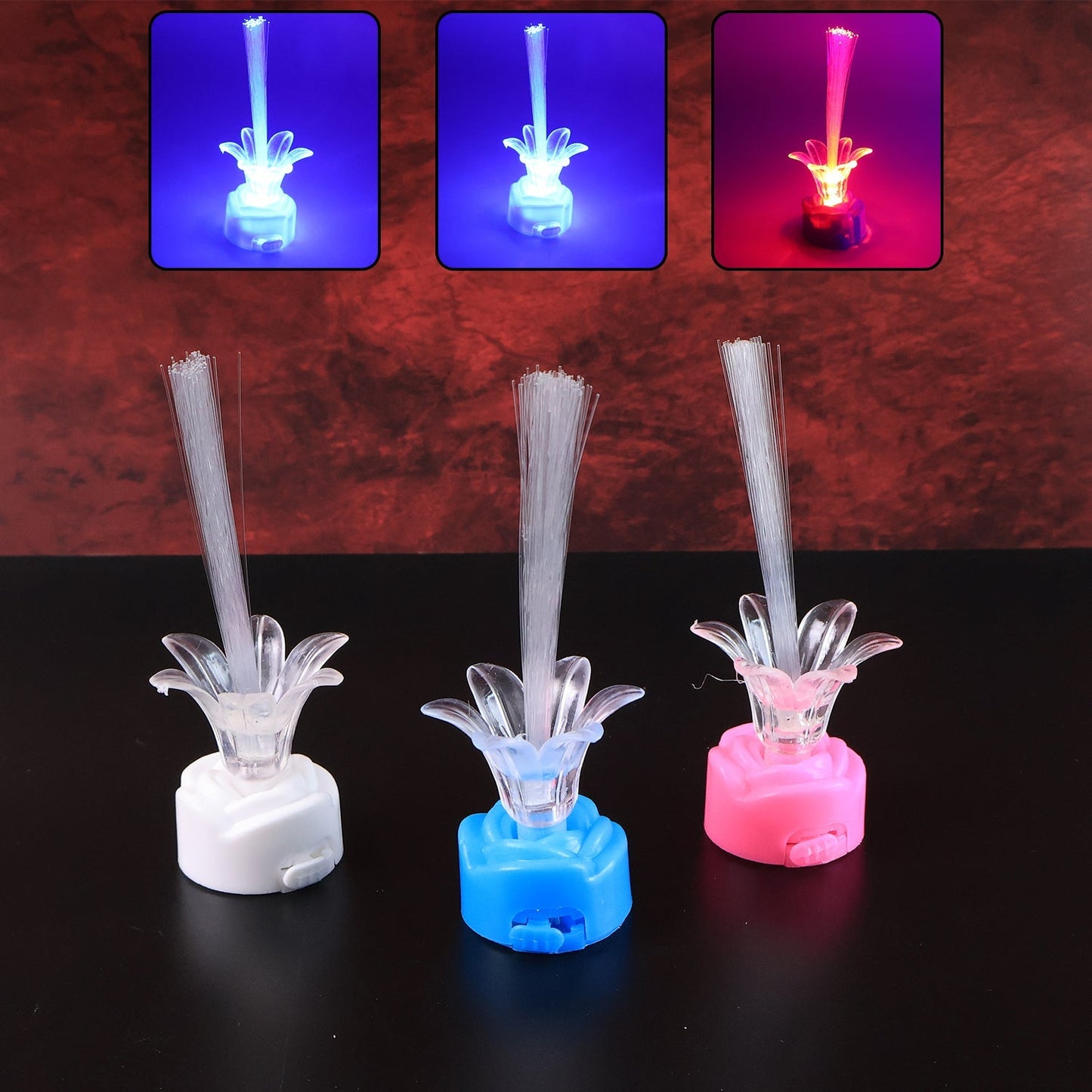 Multiple LED optic flower night lamps placed on table as ambient light