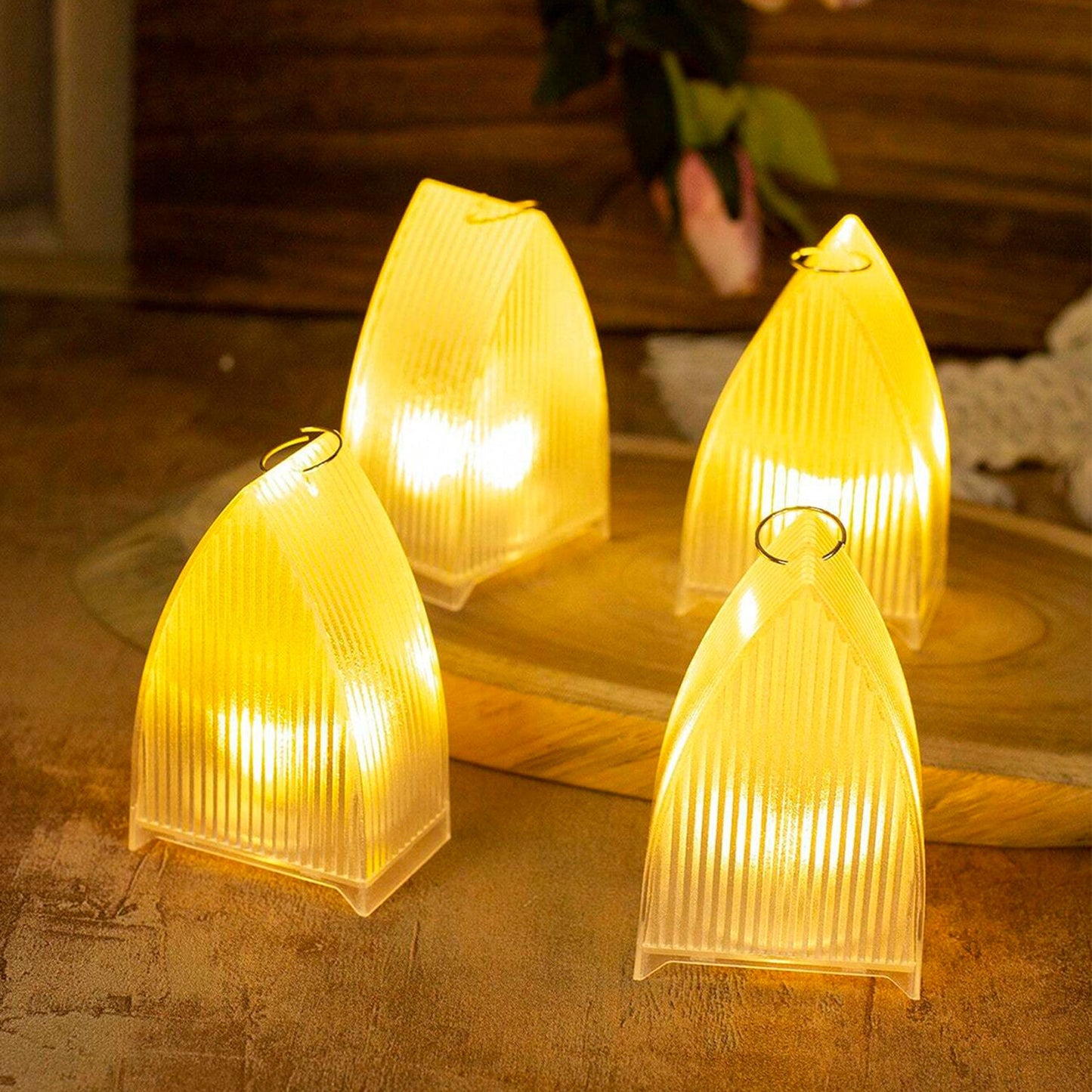 Angled view of transparent decorative LED candle light