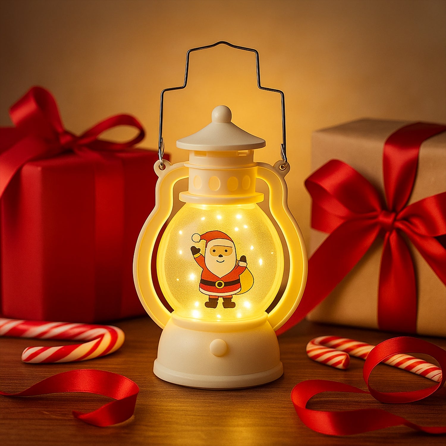 Side view of a Santa LED lantern showing its clear globe.