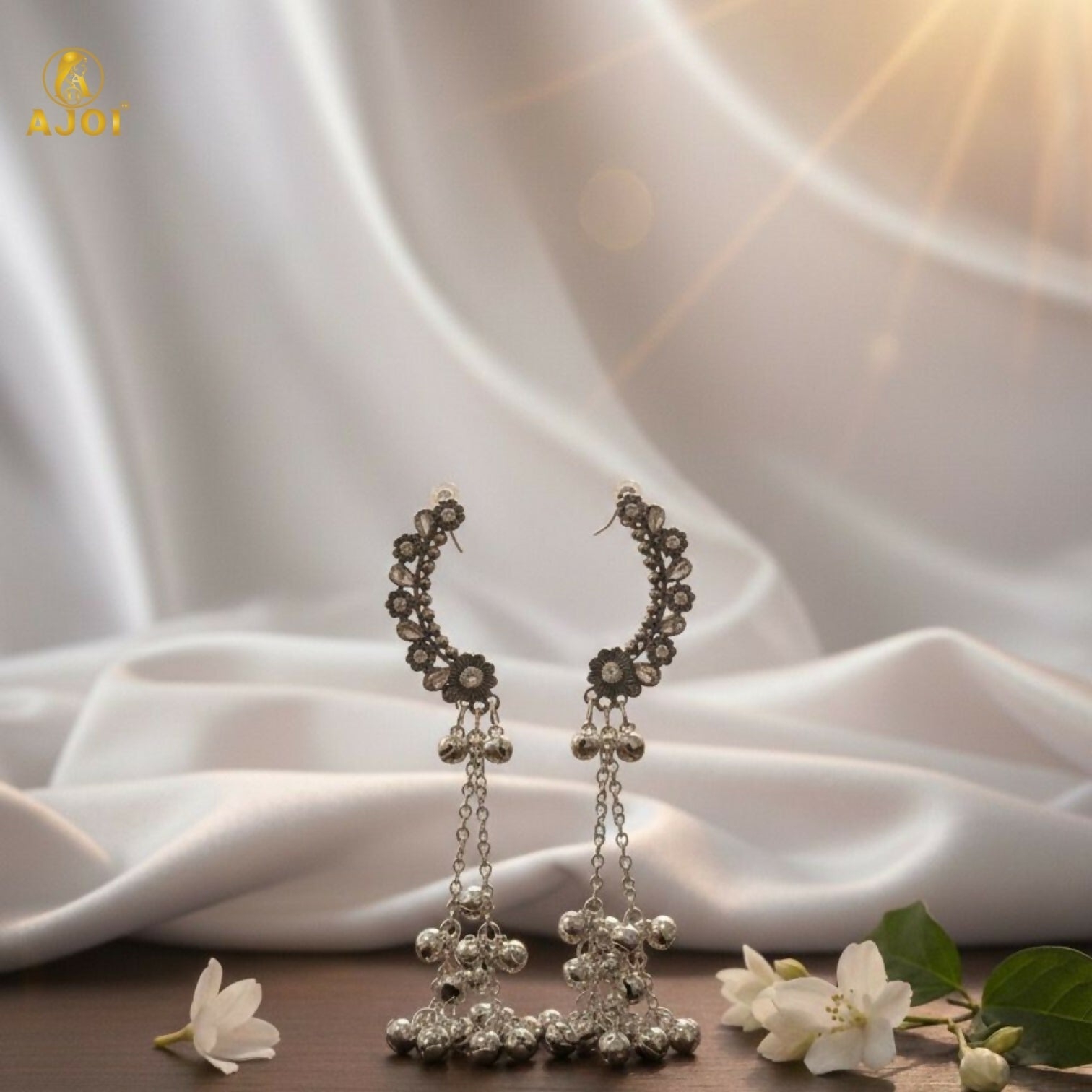 Kasmiri Silver Oxidised Chandbali Jhumka Earrings with Ghungroo Dangles for Women