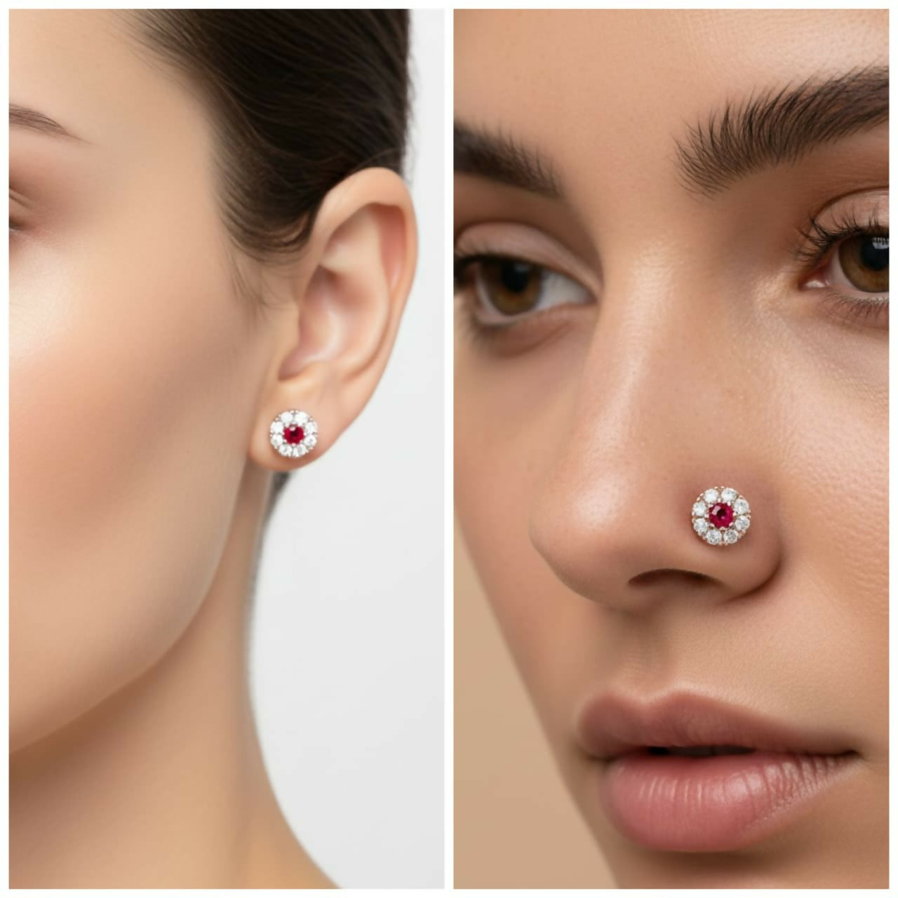 Gold Ruby & AD Halo Floral Nose Pin for women and girls Combo Pack of 2