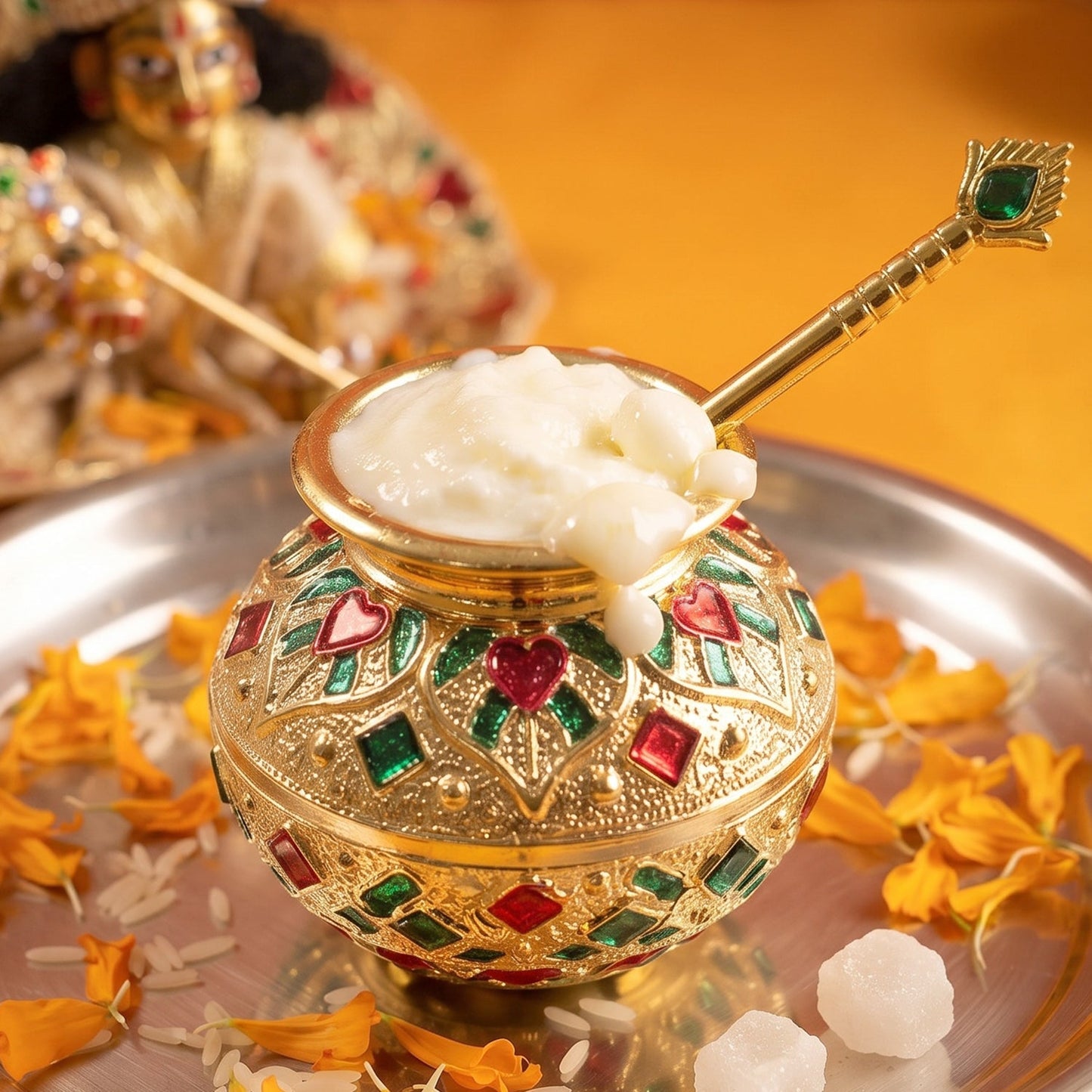 A gold decorative pot and spoon, embellished with red and green enamel, hold white butter on a silver tray with scattered