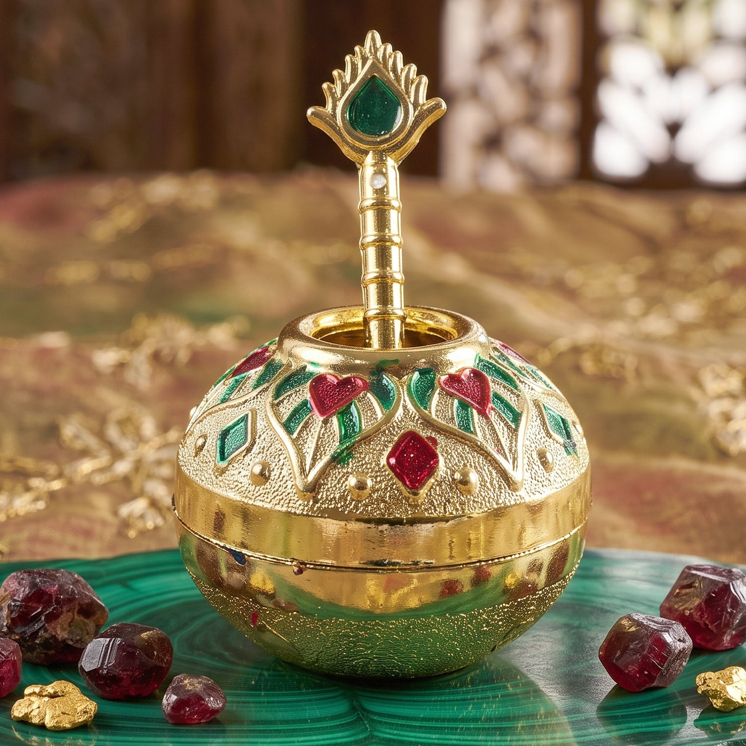 A gold decorative pot and spoon, adorned with red and green enamel, sit on a green malachite surface with red stones.