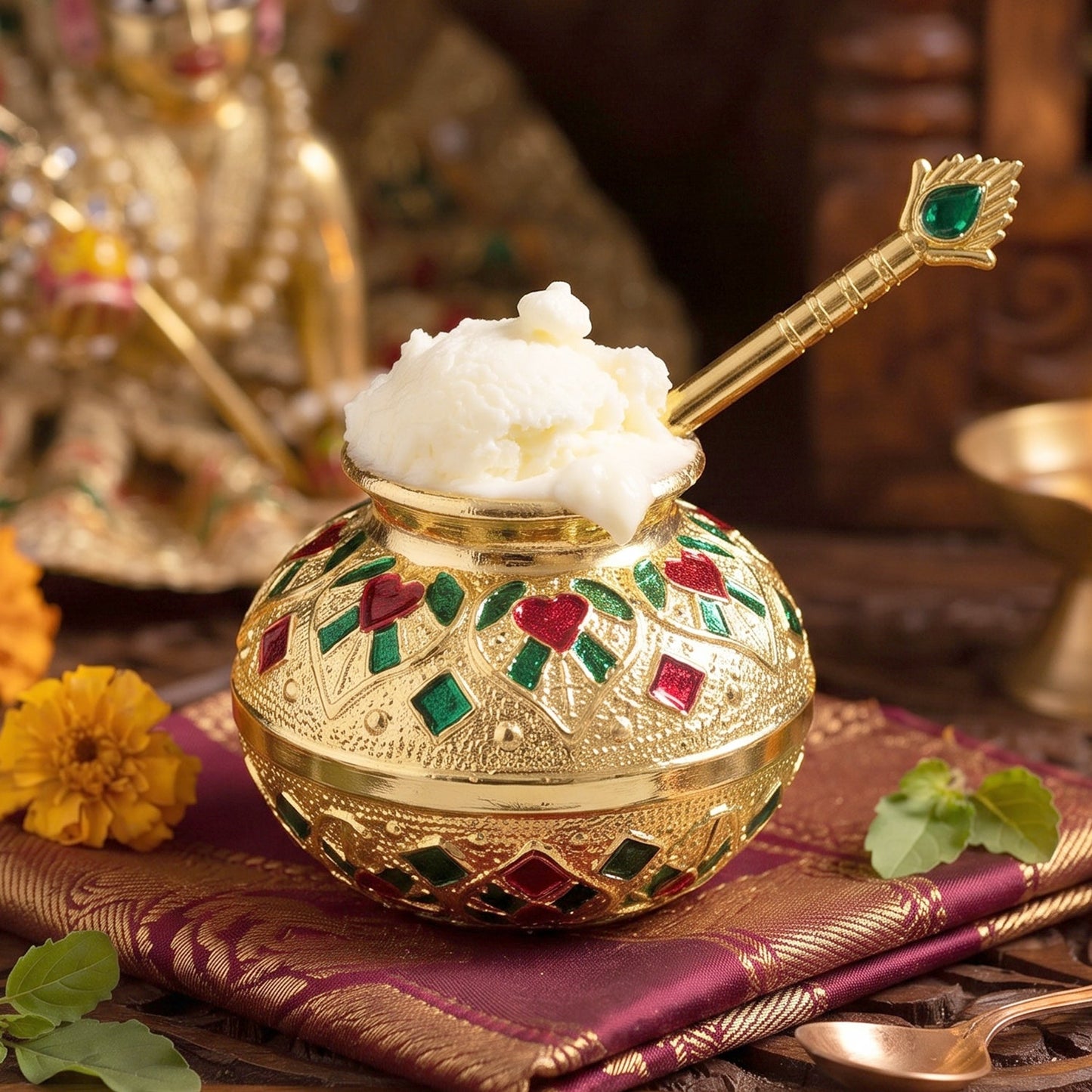 A gold decorative pot and spoon, decorated with red and green enamel, hold white butter on a maroon patterned cloth.
