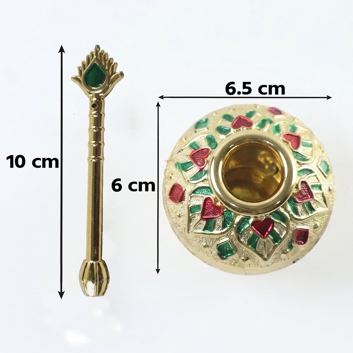 A gold decorative pot and spoon, with red and green enamel, are displayed with their measurements on a white background.