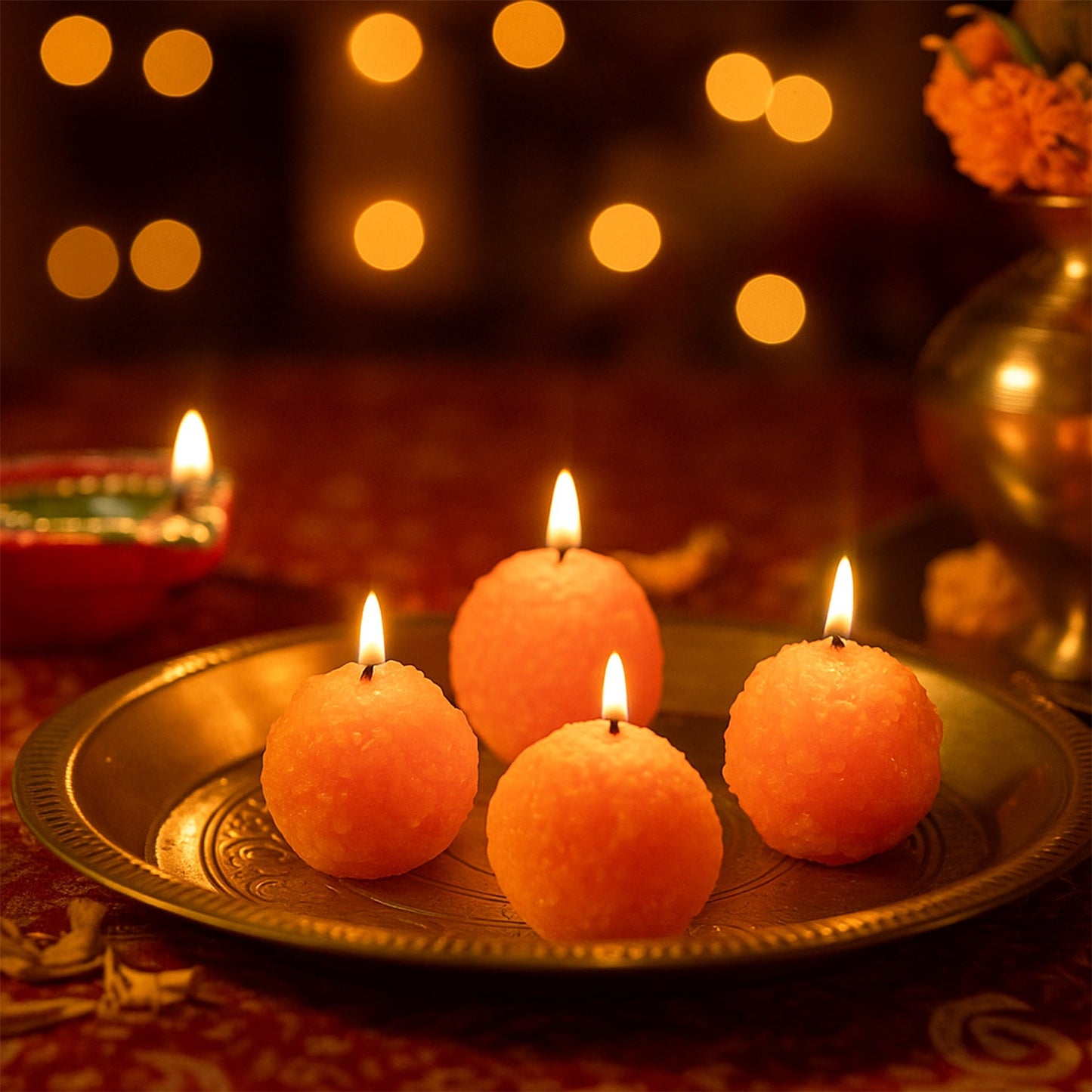 Decorative laddu candles creating warm and calming ambiance for Diwali