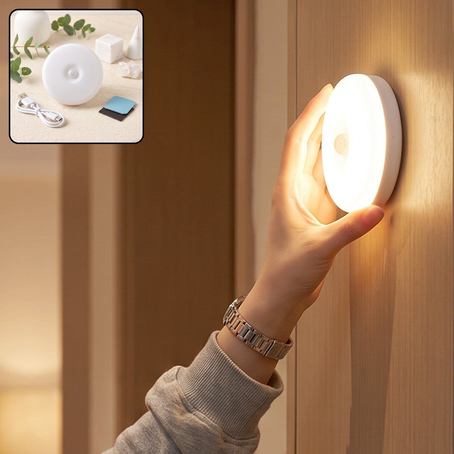 A hand reaches to adjust a white, circular LED night light glowing warmly on a light wood wall.
