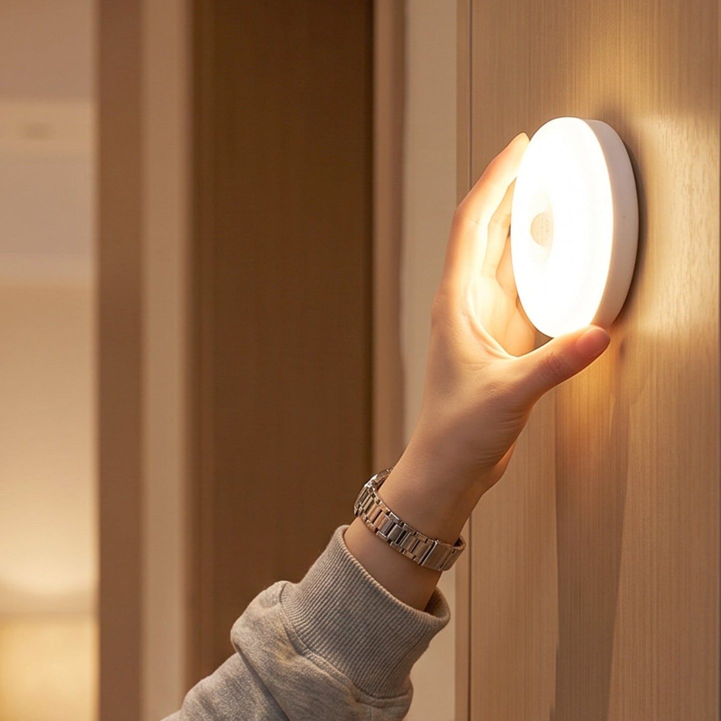 A hand gently touches a bright, circular LED night light attached to a light brown wooden wall.