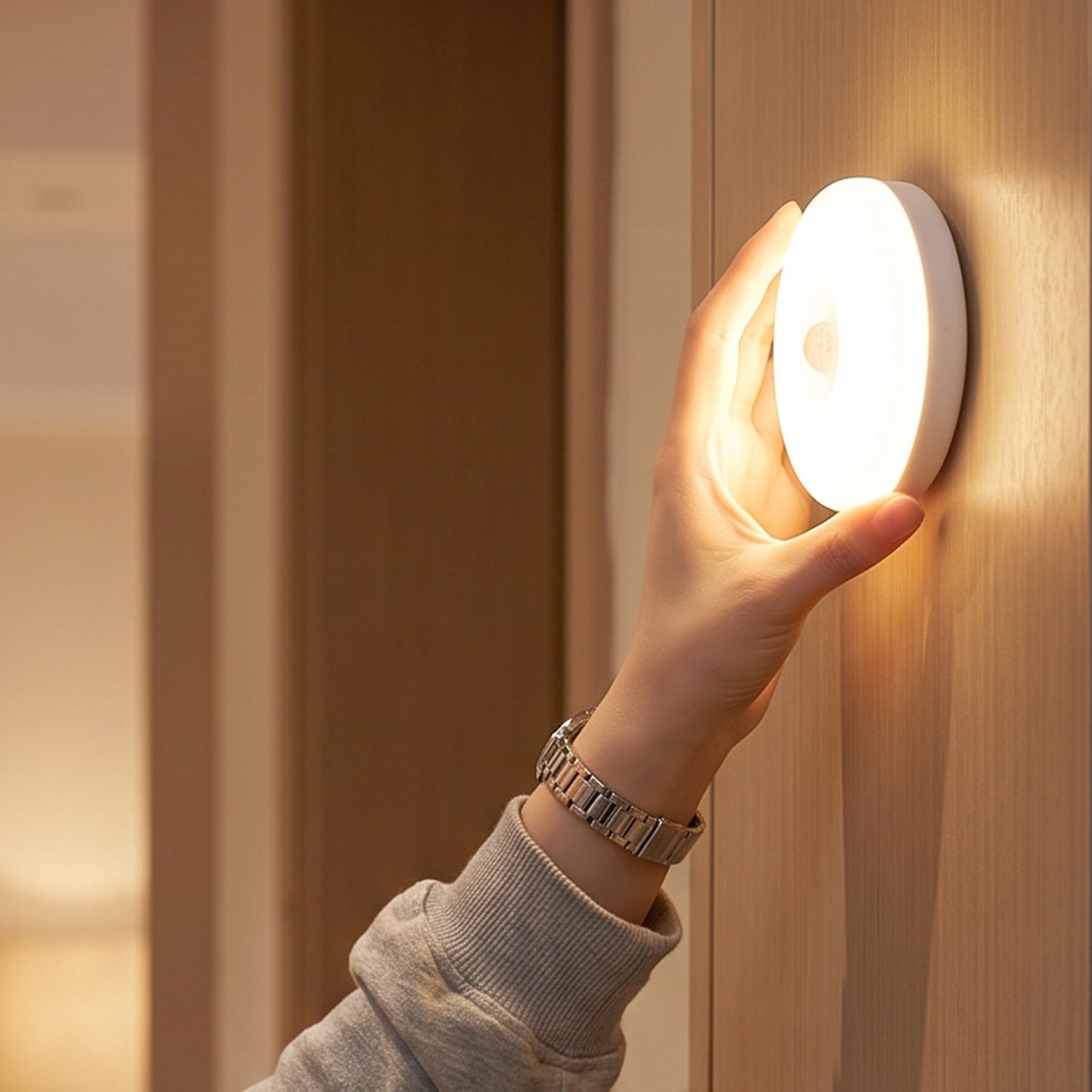 A hand gently touches a bright, circular LED night light attached to a light brown wooden wall.