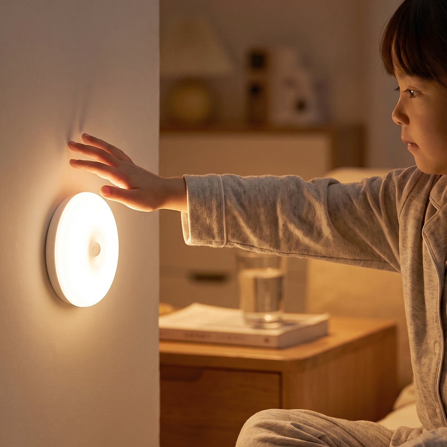 A child in pajamas reaches for a glowing white LED night light mounted on a wall beside their bed.