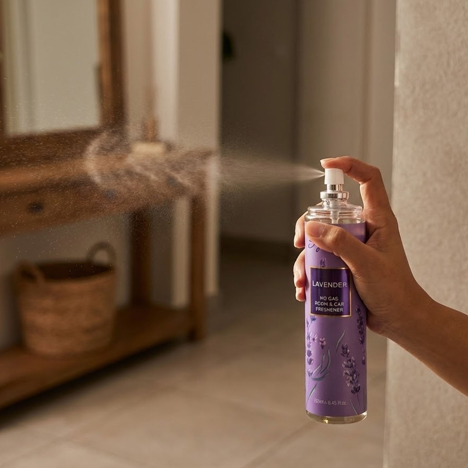 Close-up of lavender air freshener spray bottle for rooms and cars
