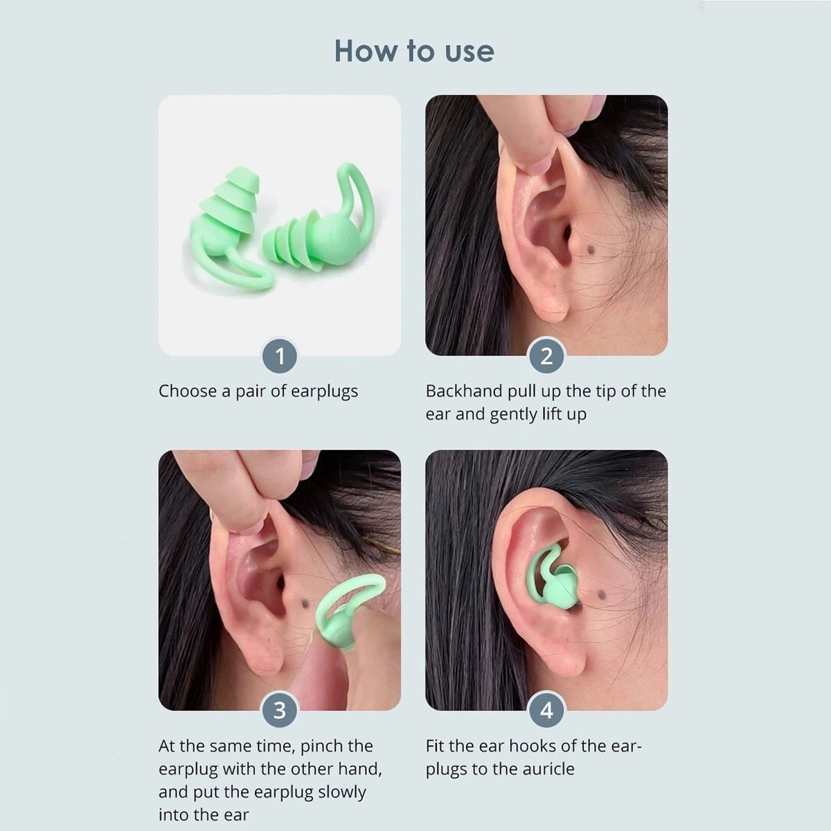 A four-panel diagram illustrates how to insert the mint green silicone earplugs into the ear.
