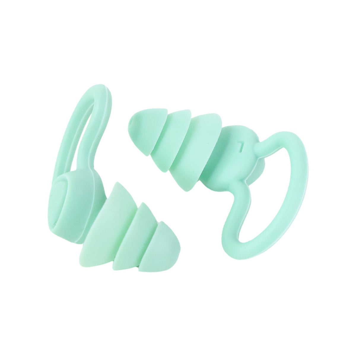 A pair of mint green silicone earplugs with ear hooks is shown against a plain white background.