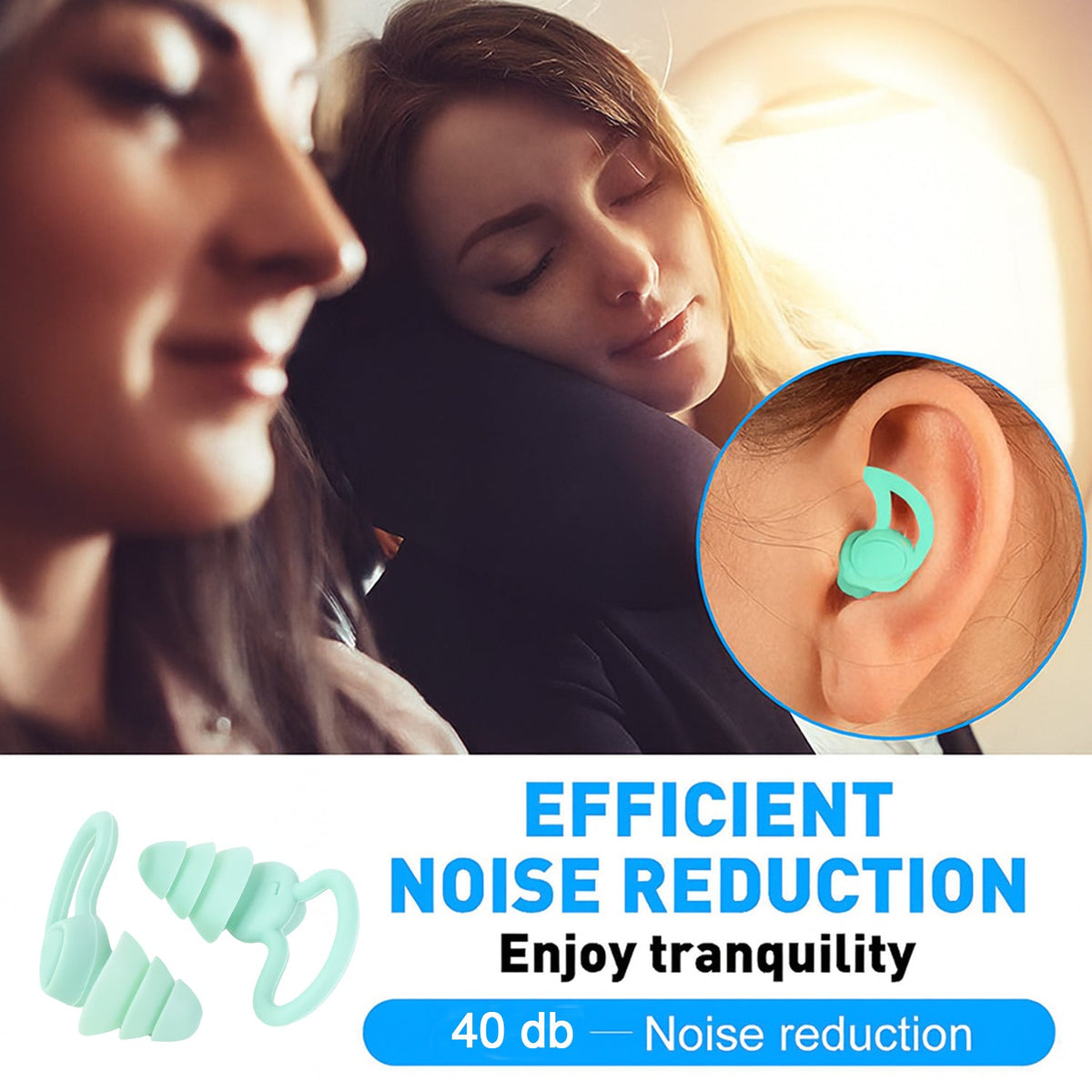 A woman sleeps peacefully on an airplane with an earplug in her ear, highlighting noise reduction benefits.